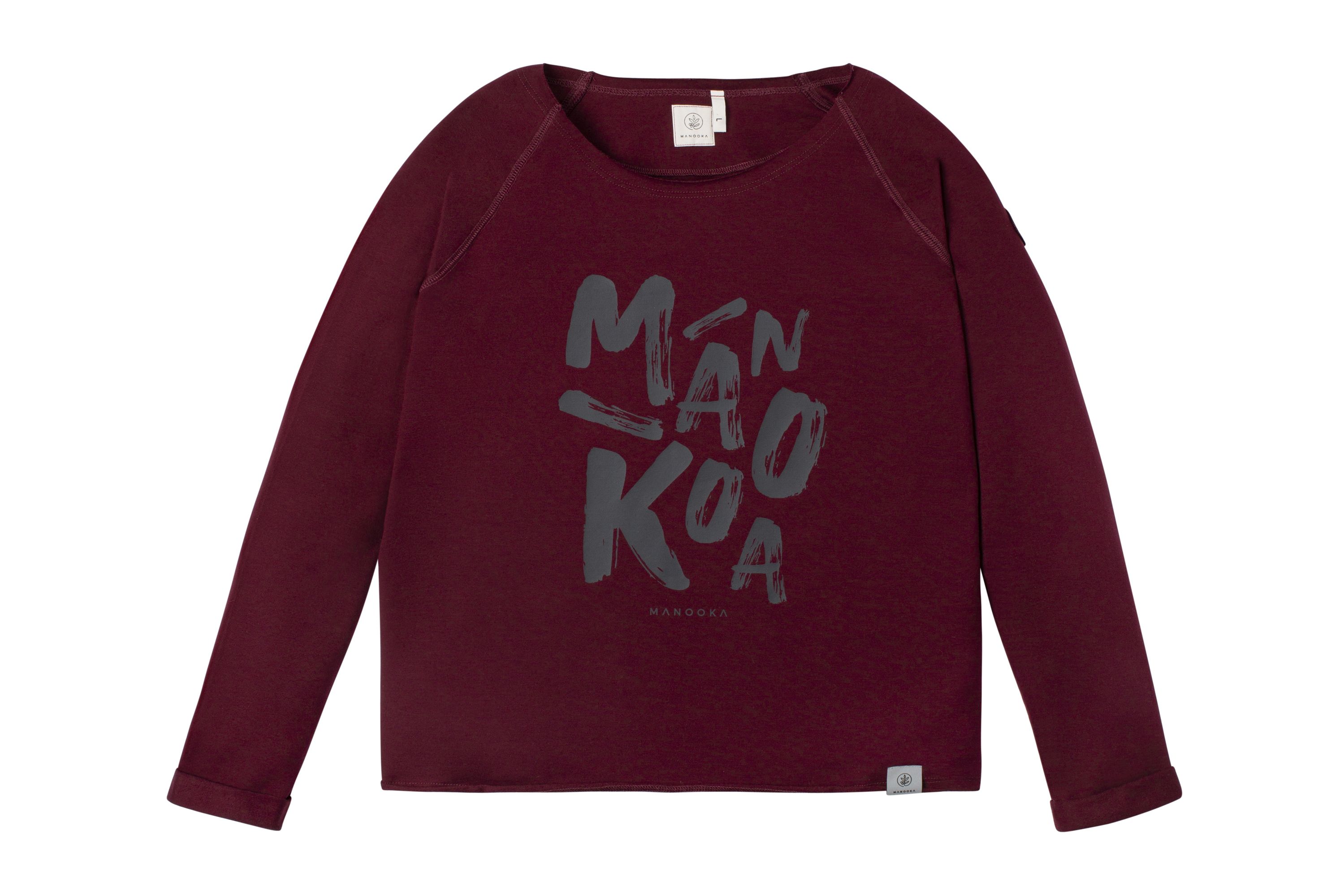 Ein bordeauxfarbenes Nadia-Sweatshirt mit Manooka-Schriftzug