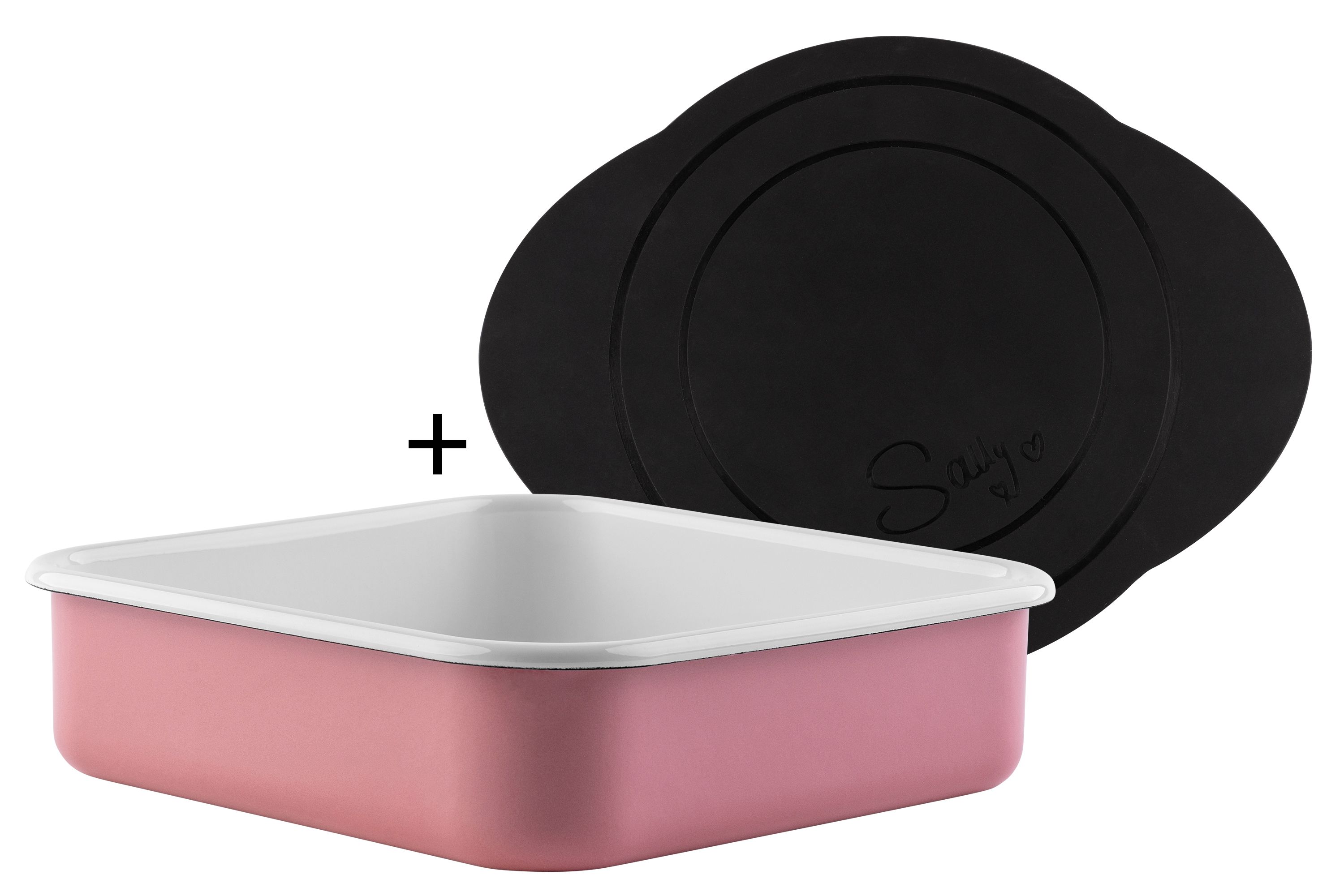Eine rosafarbene, eckige Emaille-Ofenform und eine ovale Induktionsmatte