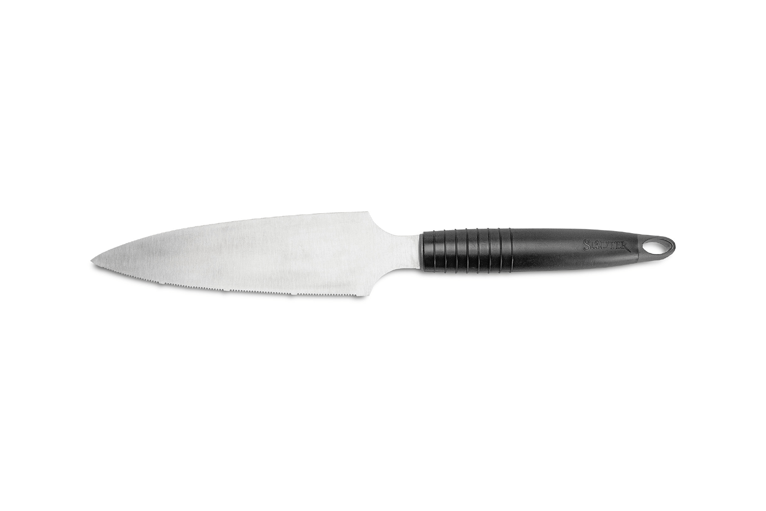 Ein Tortenmesser mit silberner Klinge und schwarzem Griff