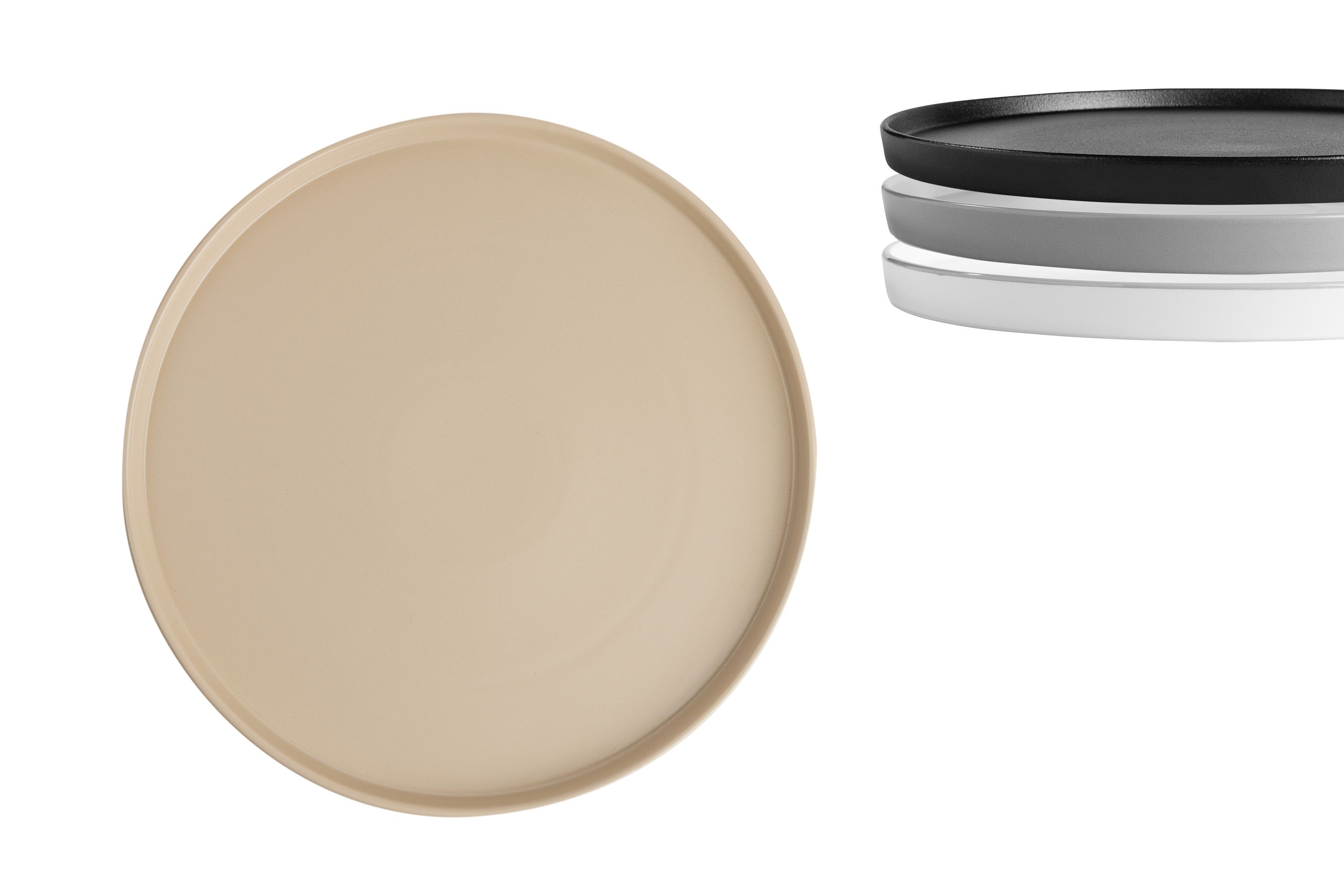 runde porzellan servierplatte beige freisteller topshot mit drei weiteren farben zur ansicht
