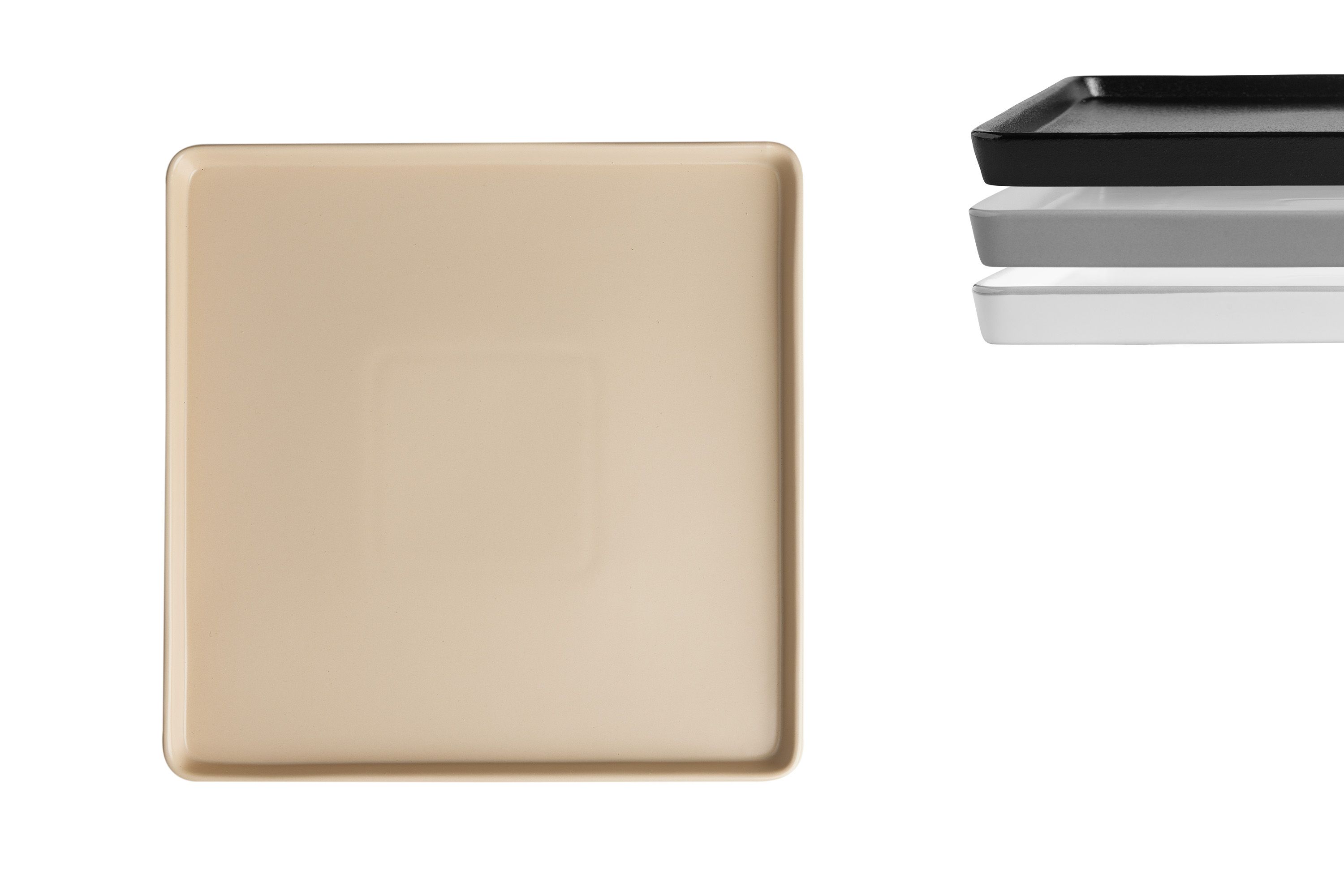 quadratische porzellan servierplatte beige freisteller topshot mit drei weiteren farben zur ansicht