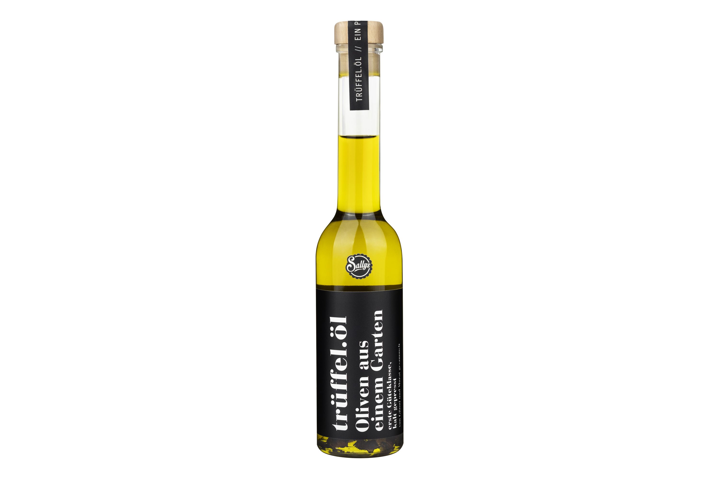 Eine schmale Flasche mit Trüffel-Olivenöl