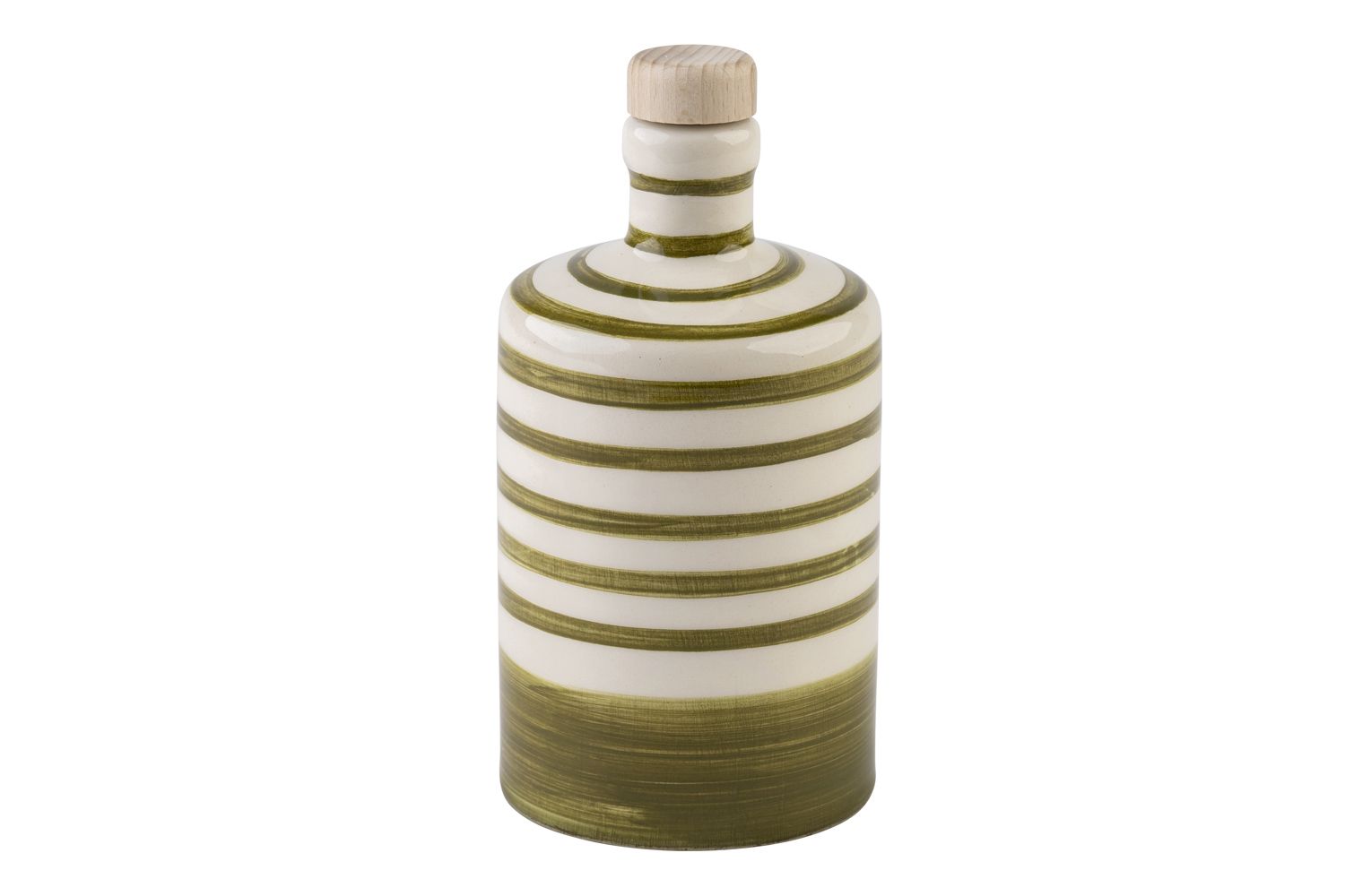 Eine runde, hellgrün-gestreifte Olivenölflasche