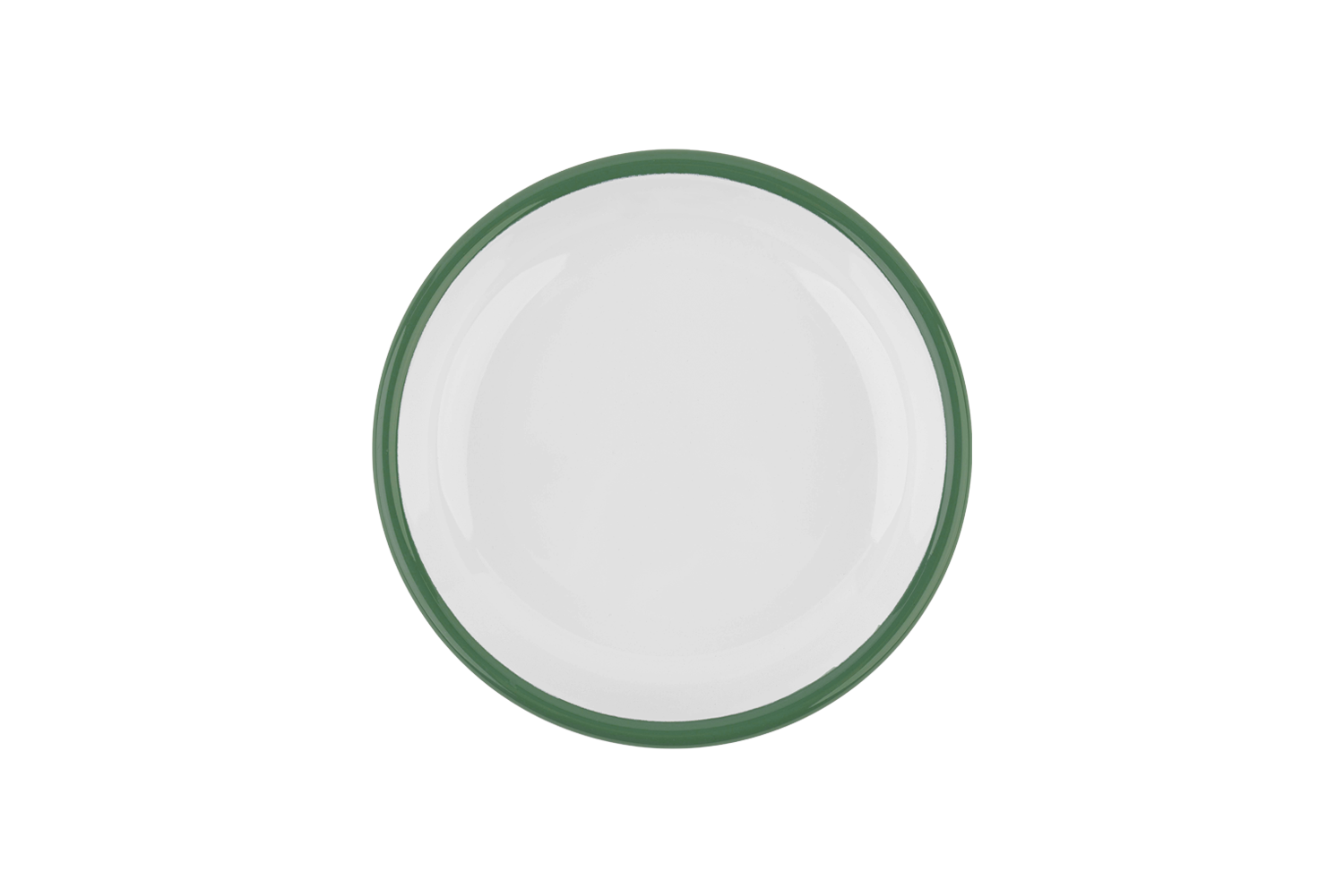 Blick ins weiße Innere des olivgrünen Emaille-Tellers