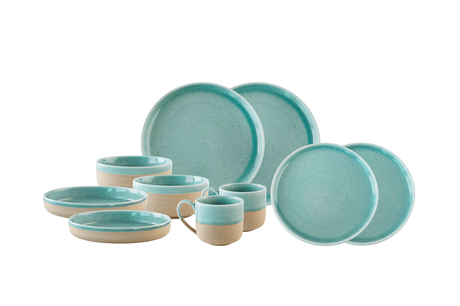 Ein Set aus blau-beigem Keramik-Geschirr