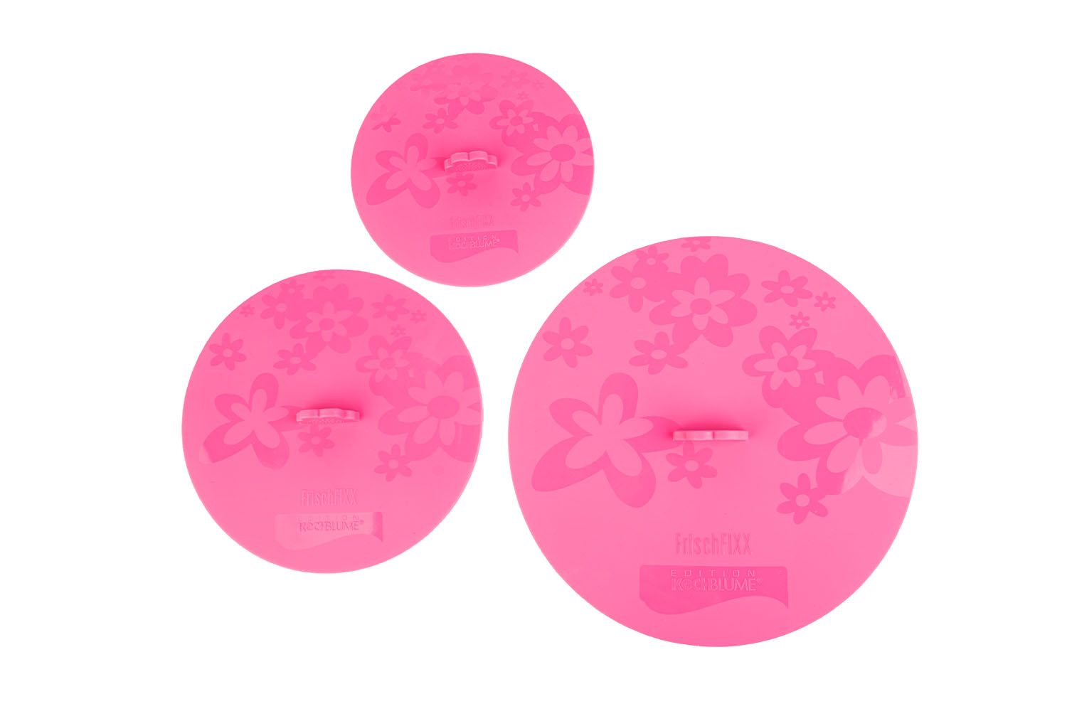 Drei pinkfarbene Frischfixx-Deckel