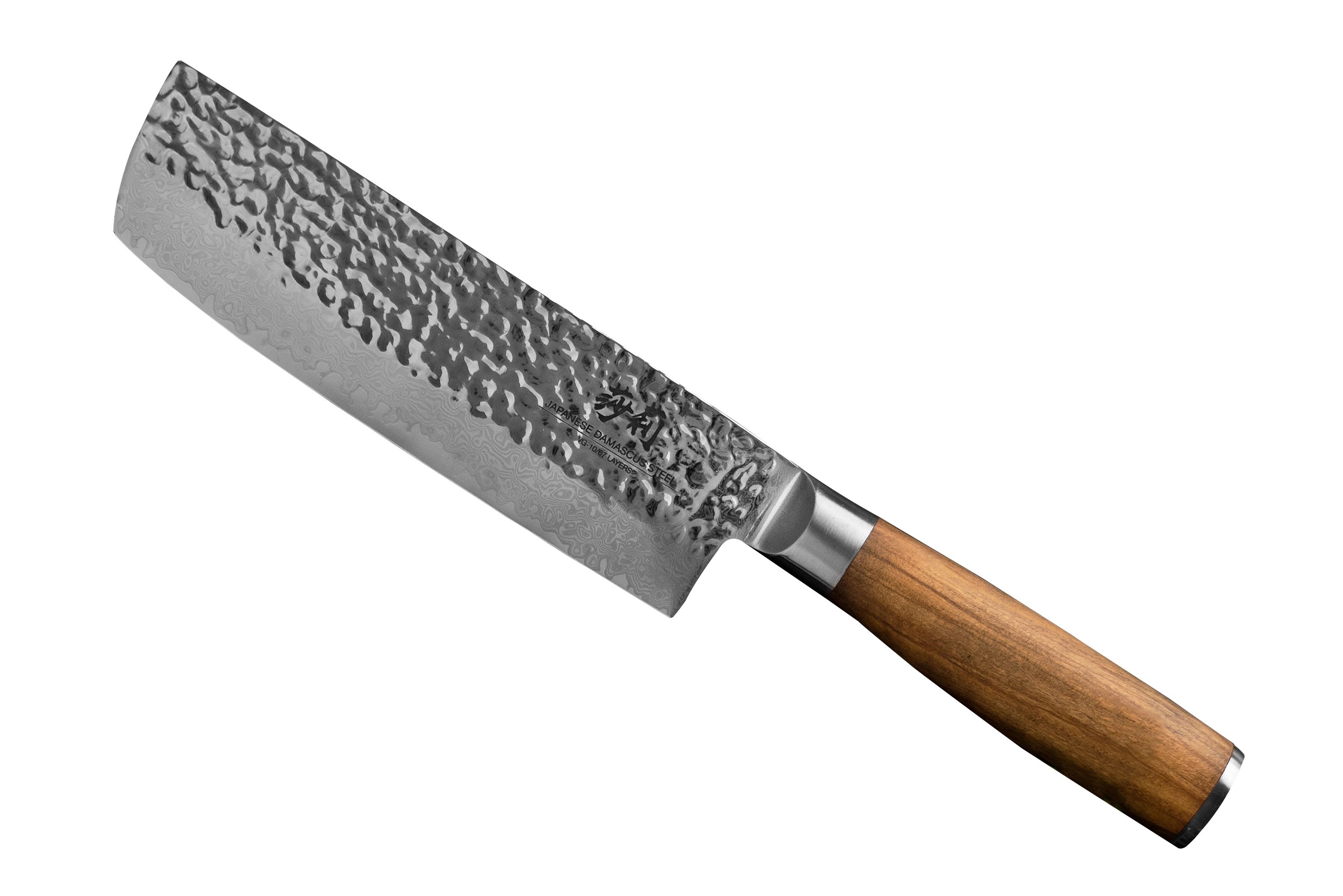 Ein Messer mit silberner, breiter Klinge und hölzernem Griff