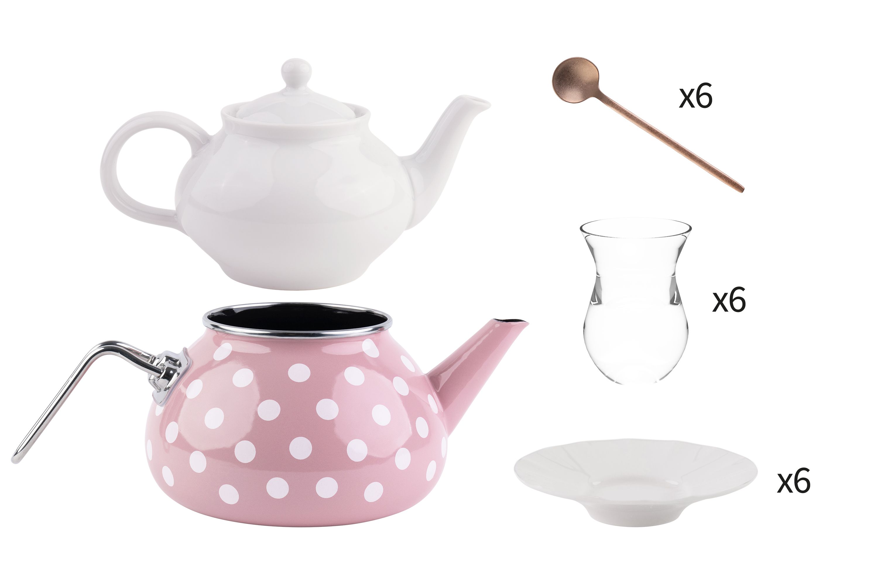 Eine rosa-gepunktete Teekanne, eine weiße Teekanne, Teegläser, Untersetzer und Löffel