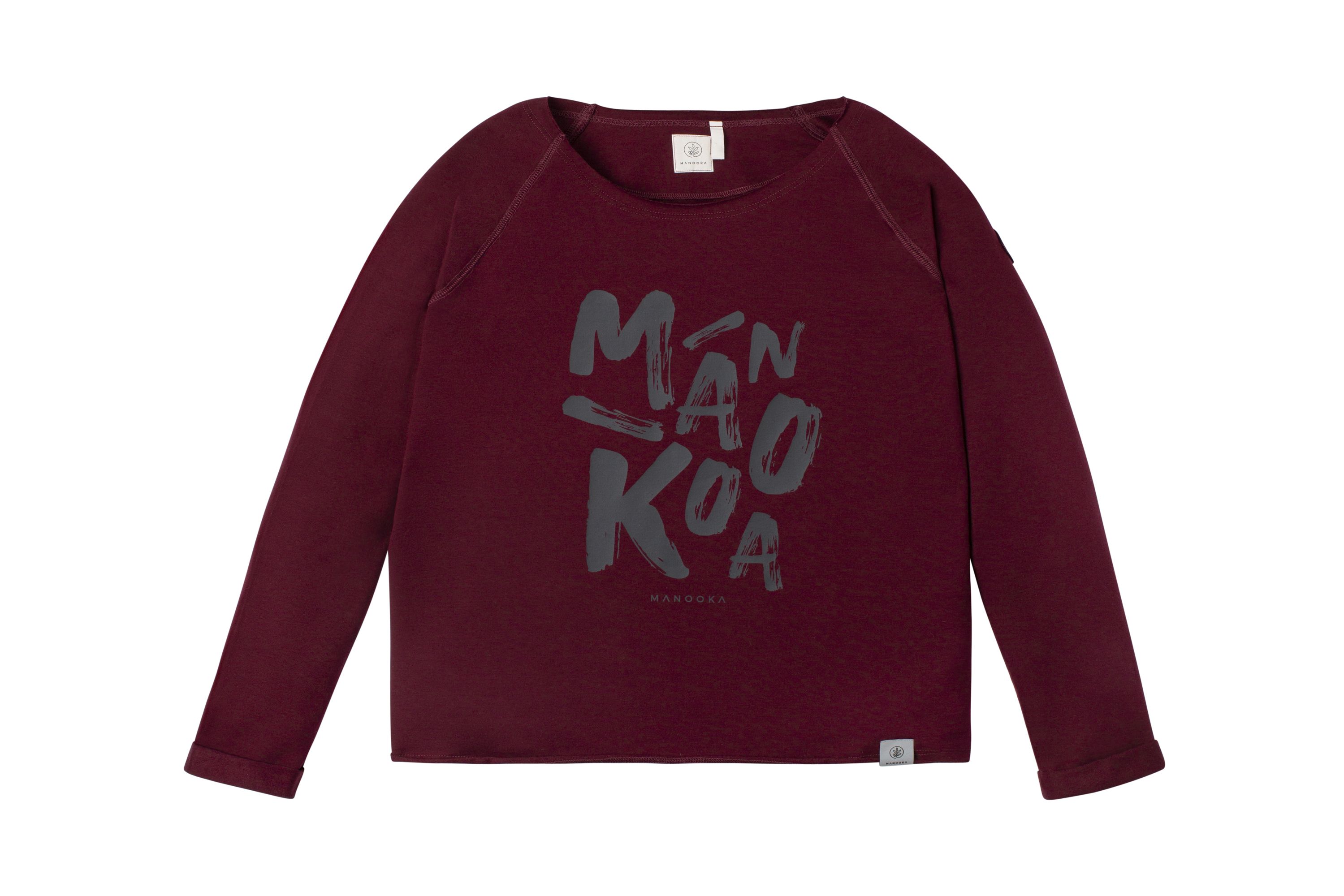 Ein bordeauxfarbenes Nadia-Sweatshirt mit Manooka-Schriftzug