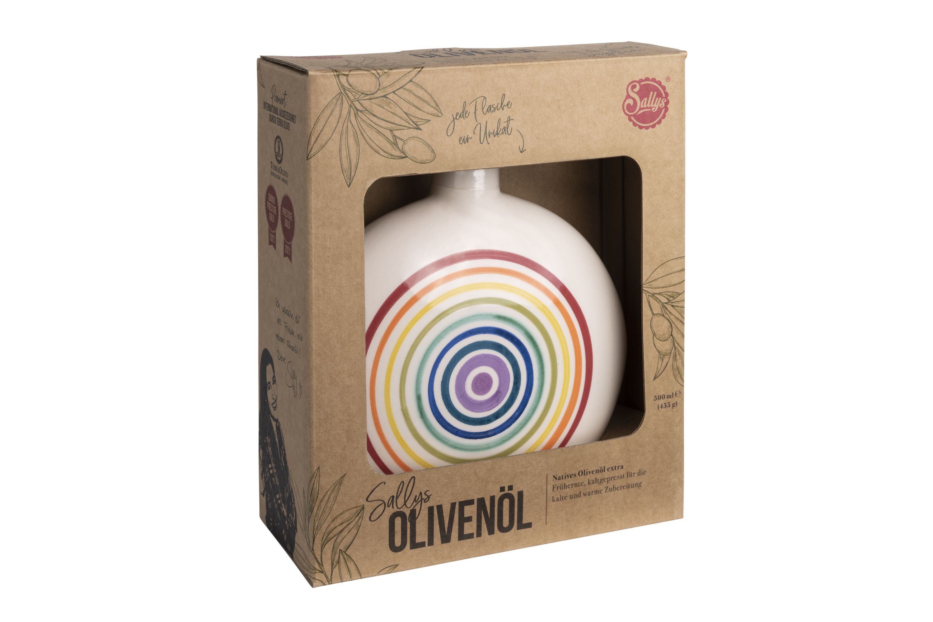 Eine flache Olivenölflasche in Rainbow-Stil in ihrer Verpackung