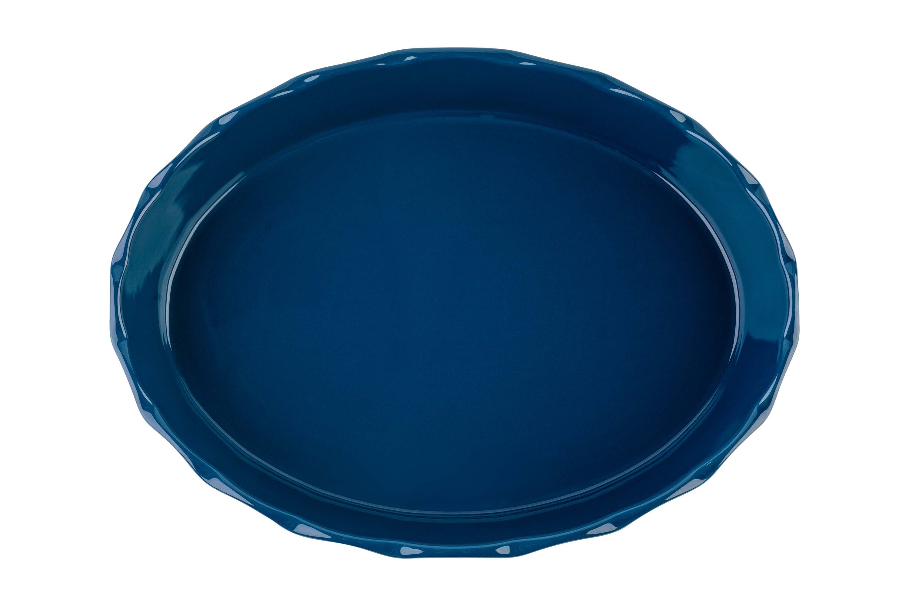 Blick von oben auf die blaue, ovale Stoneware-Ofenform