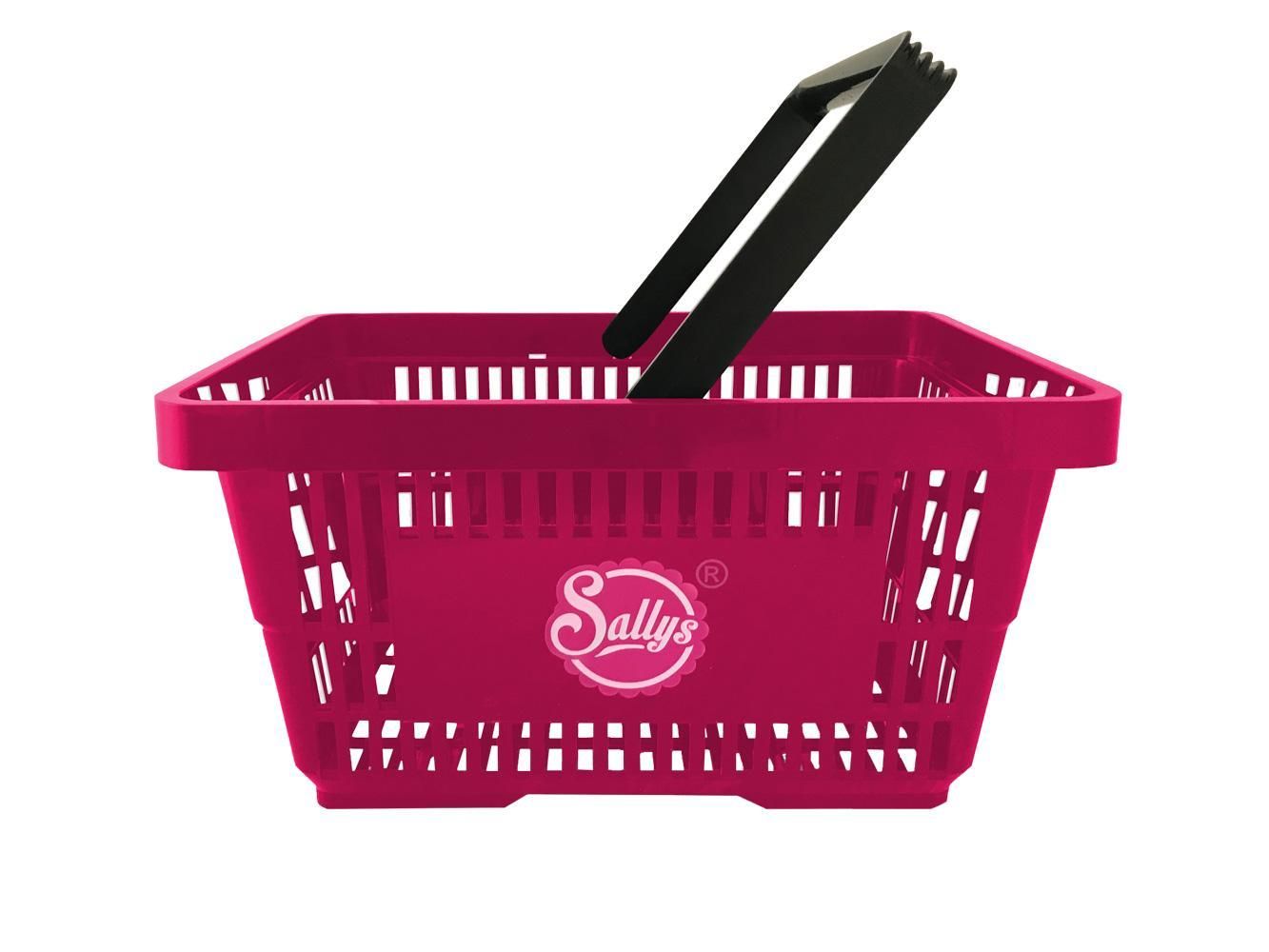 Ein pinker Einkaufskorb mit Sallys Logo