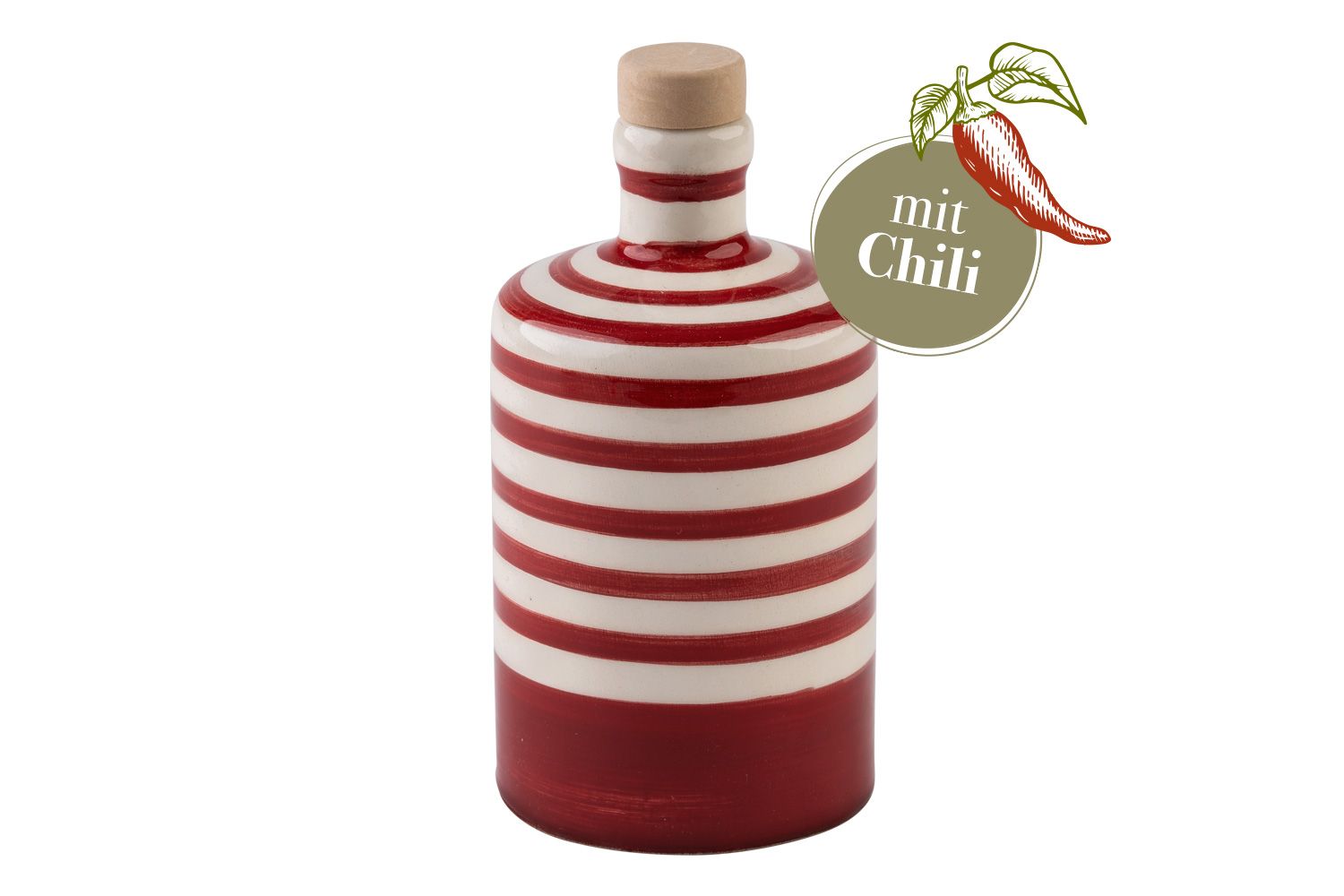 Eine runde, rot-gestreifte Olivenölflasche