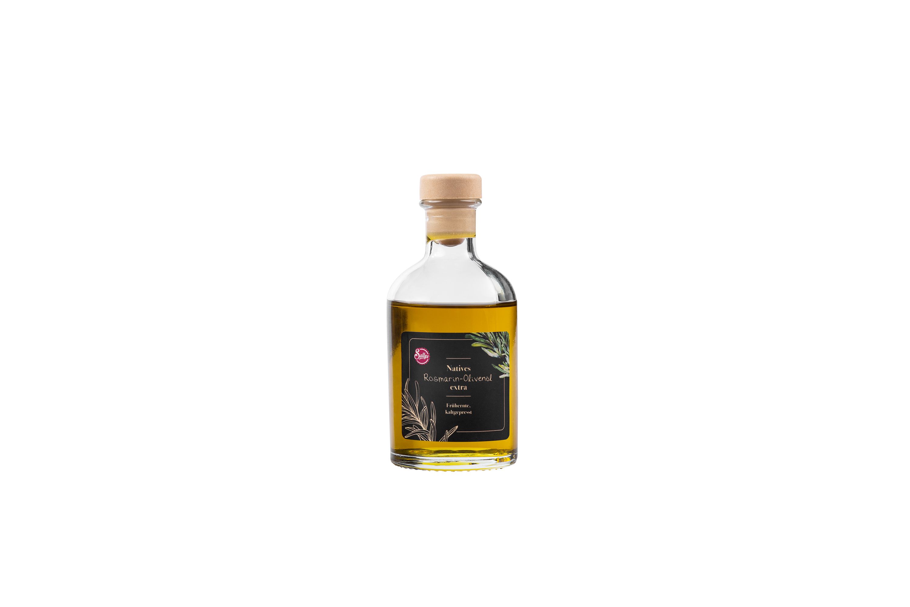 Eine kleine Olivenölflasche mit Rosmarin-Olivenöl