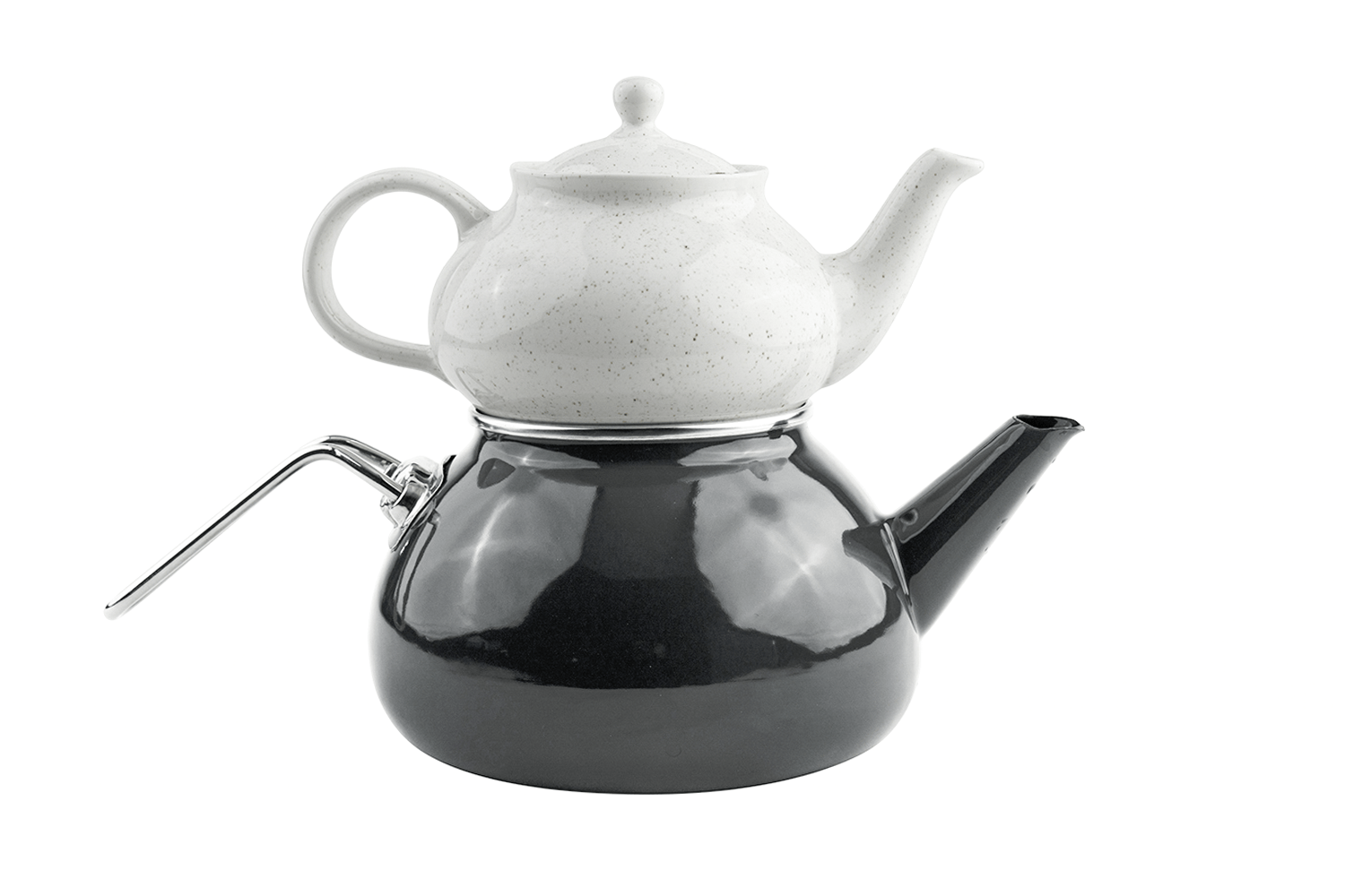 Eine schwarze und eine weiß gesprenkelte Teekanne