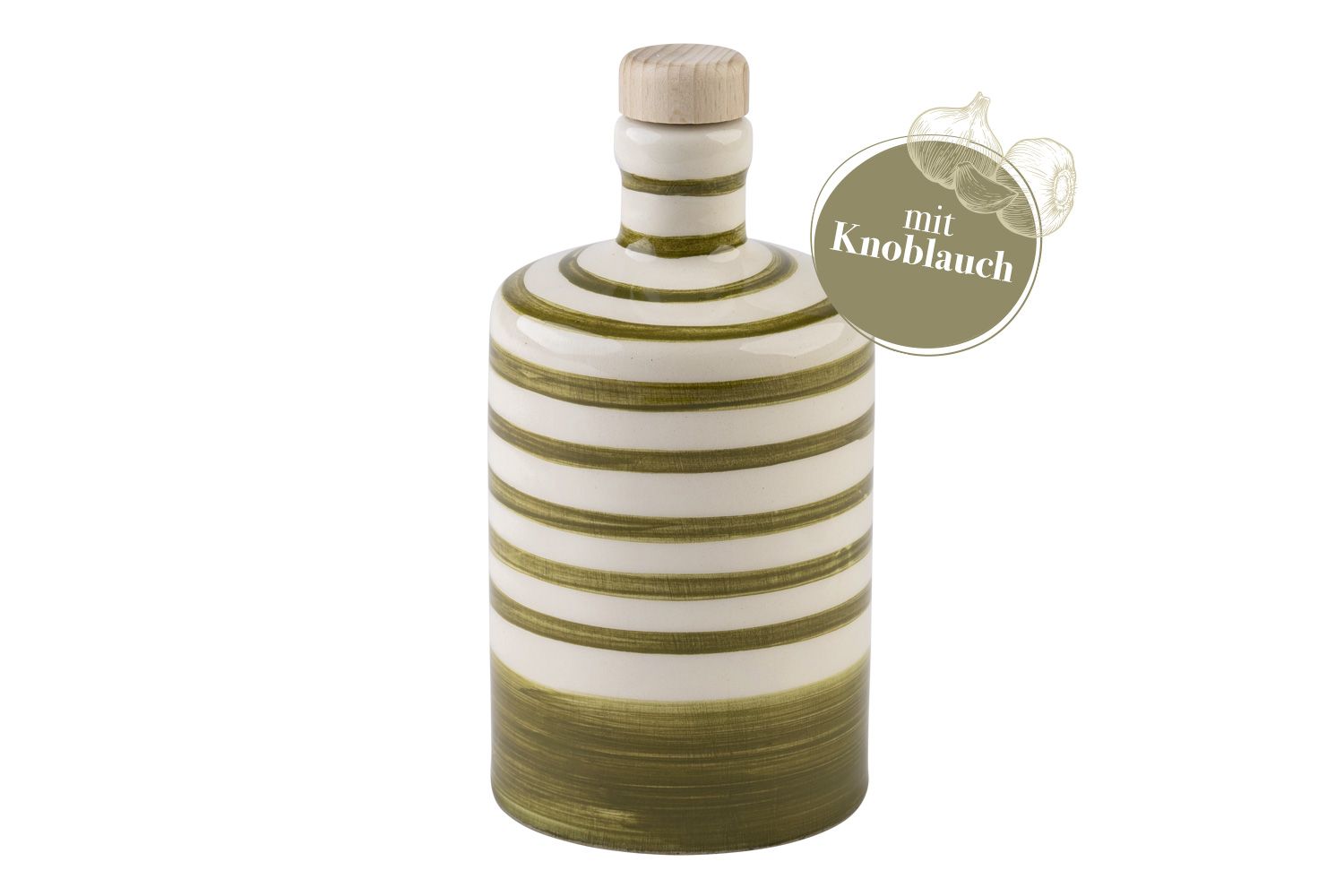 Eine runde, grün-gestreifte Flasche mit Knoblauch-Olivenöl