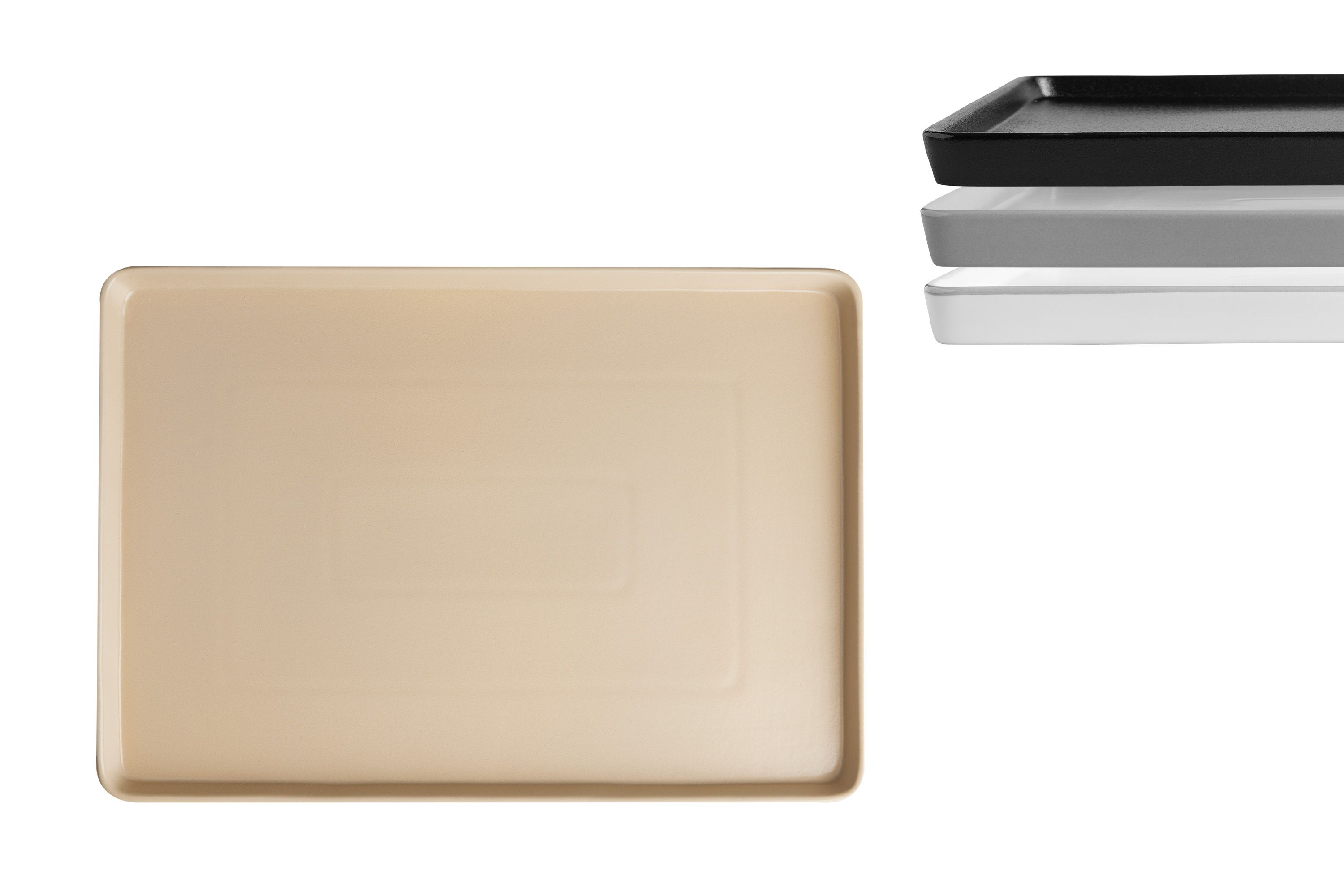 kleine rechteckige porzellan servierplatte beige freisteller topshot mit drei weiteren farben zur ansicht