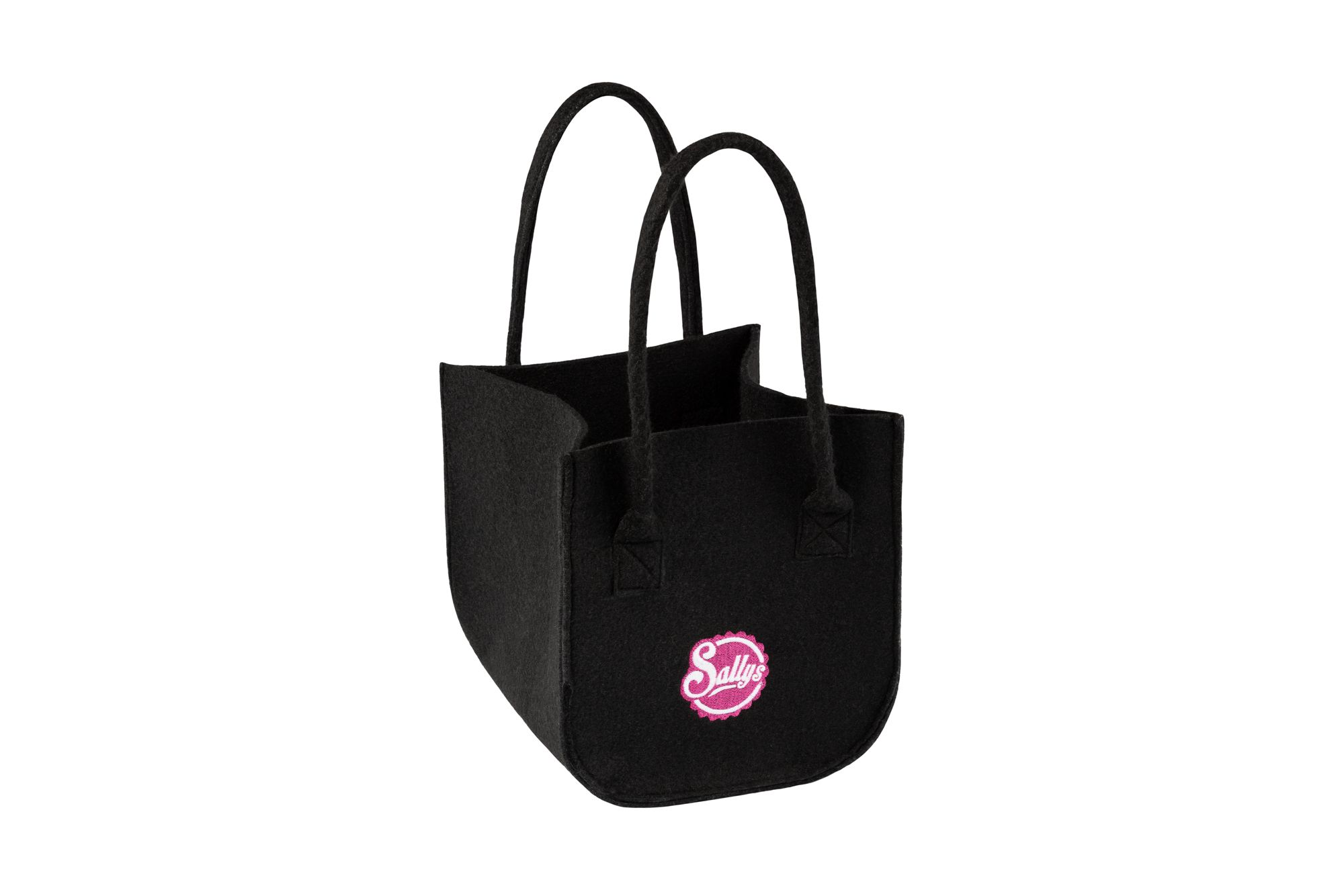 Eine kleine, schwarze Filztasche mit Griffen und Sallys Logo