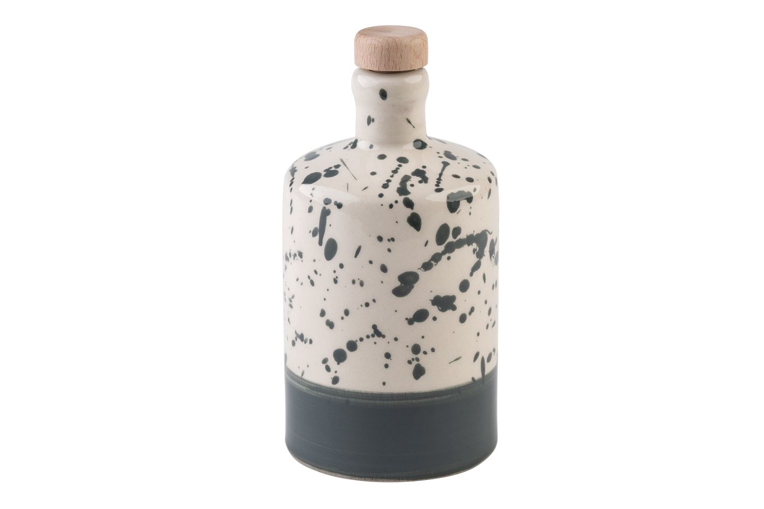 Eine runde, grau-gesprenkelte Olivenölflasche