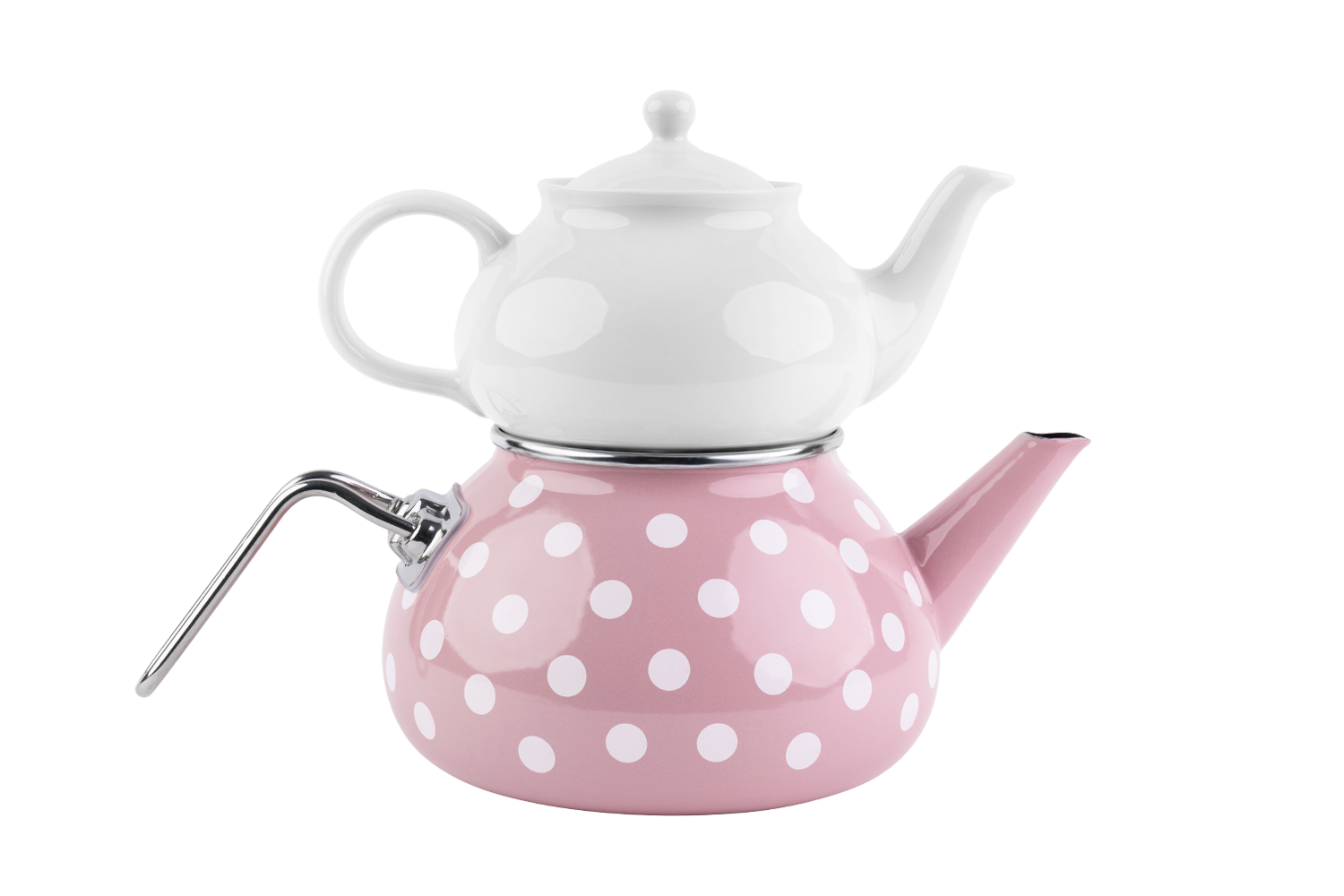 Eine weiße und eine rosa gepunktete Teekanne