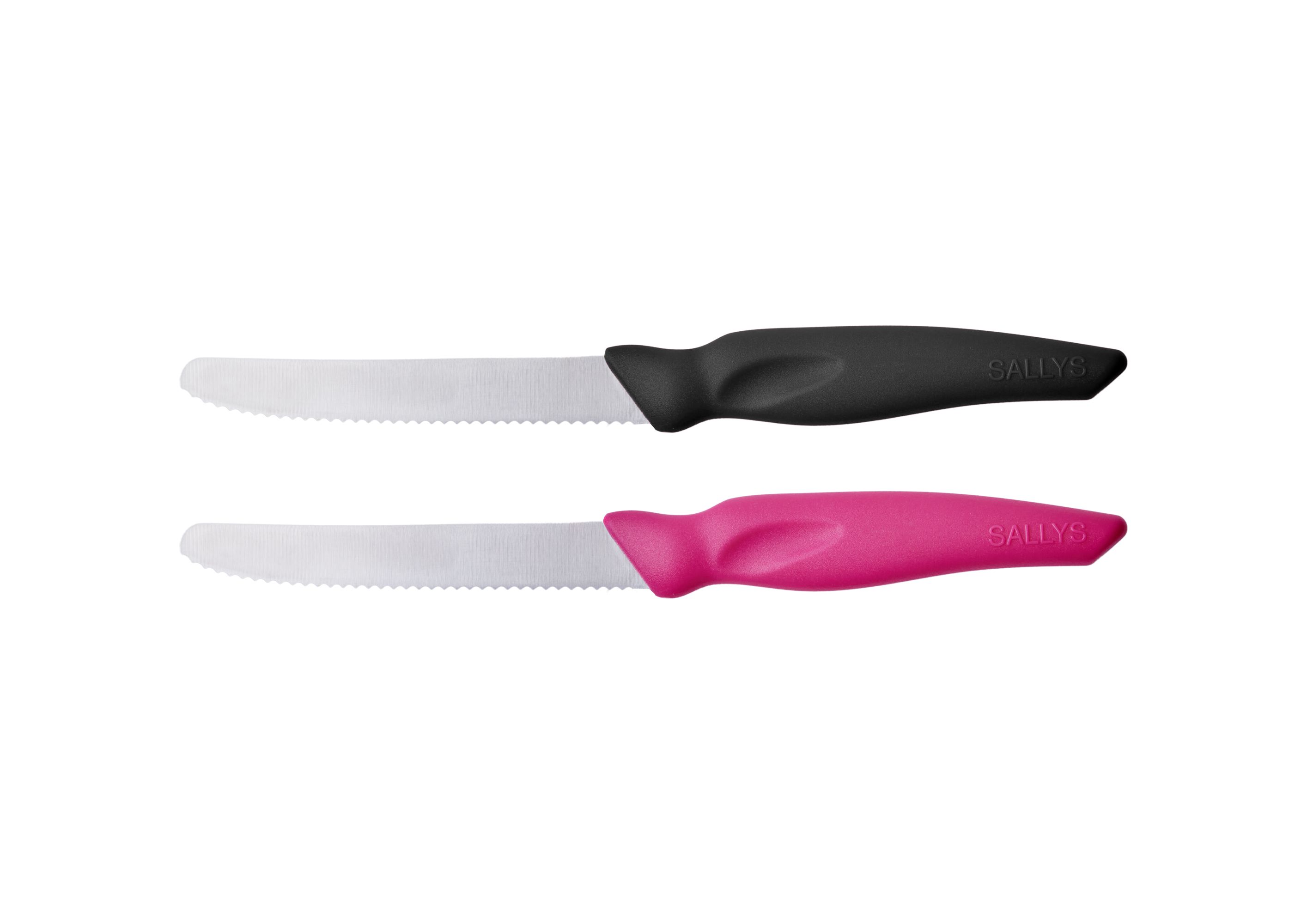 Zwei silberne Messer mit pinkem und schwarzem Griff