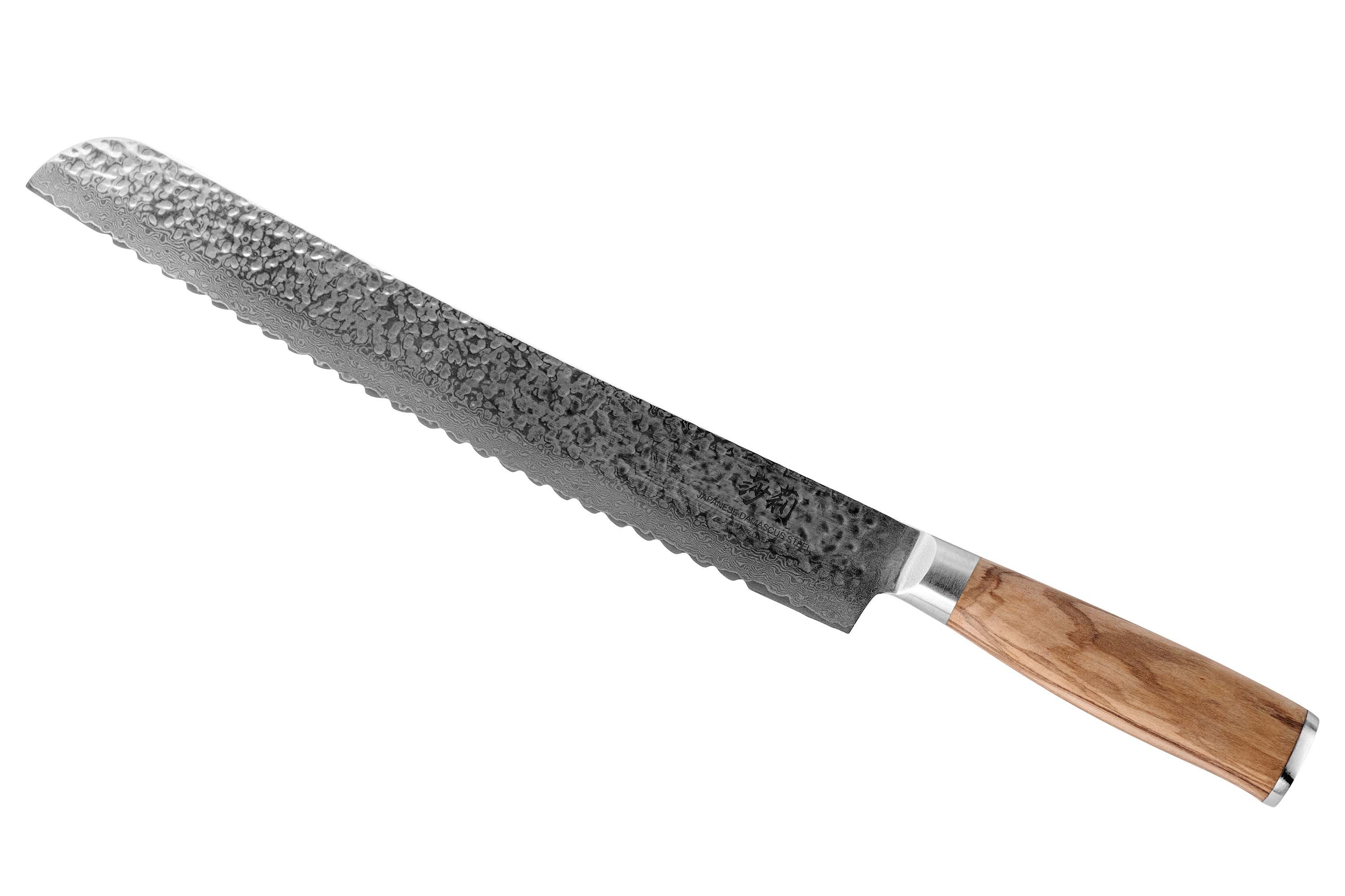 Ein Brotmesser mit silberner Klinge und hölzernem Griff