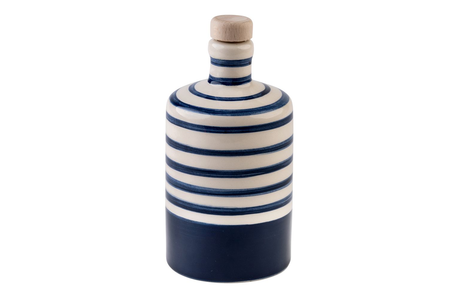 Eine runde, blau-gestreifte Olivenölflasche