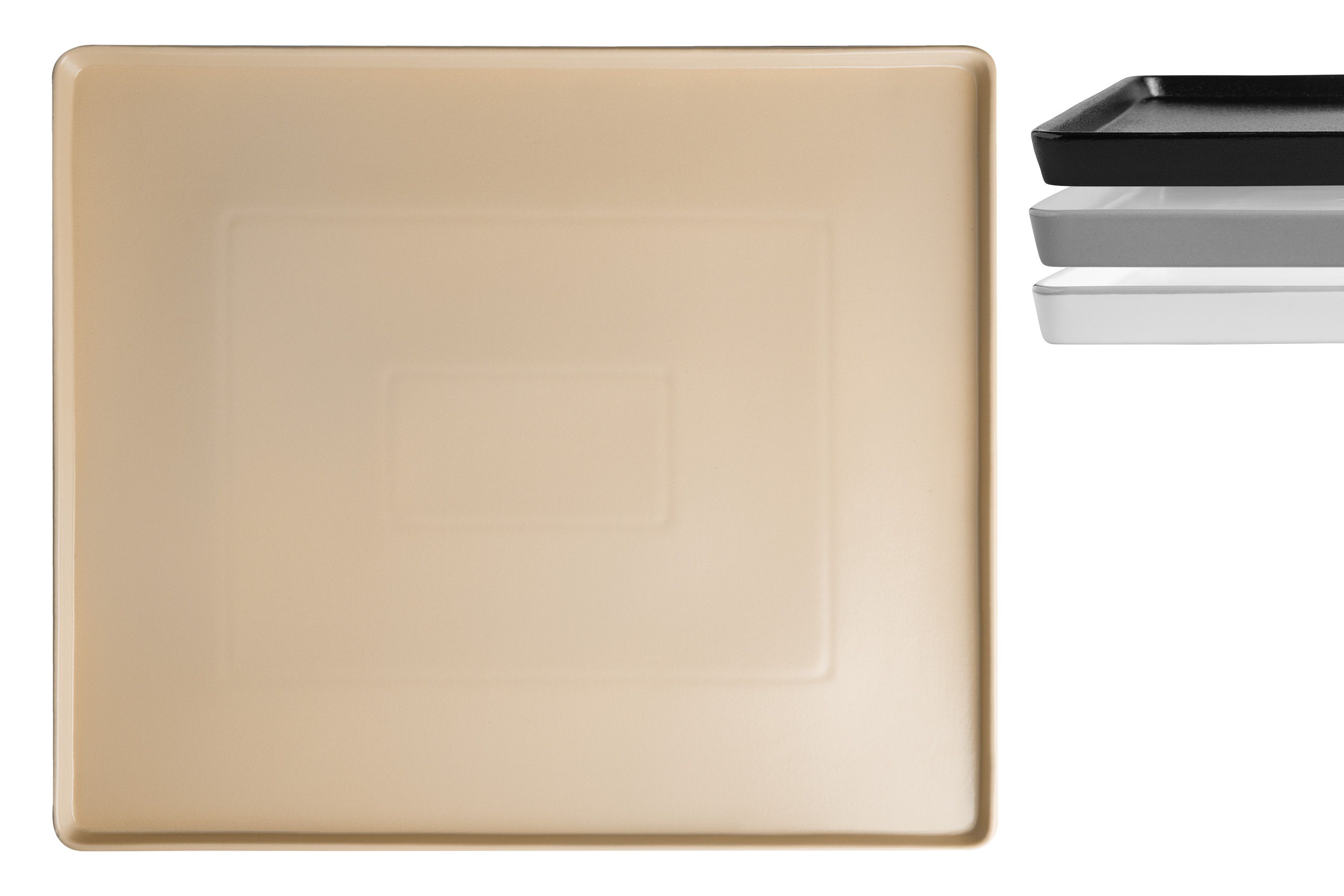 grosse rechteckige porzellan servierplatte beige freisteller topshot mit drei weiteren farben zur ansicht