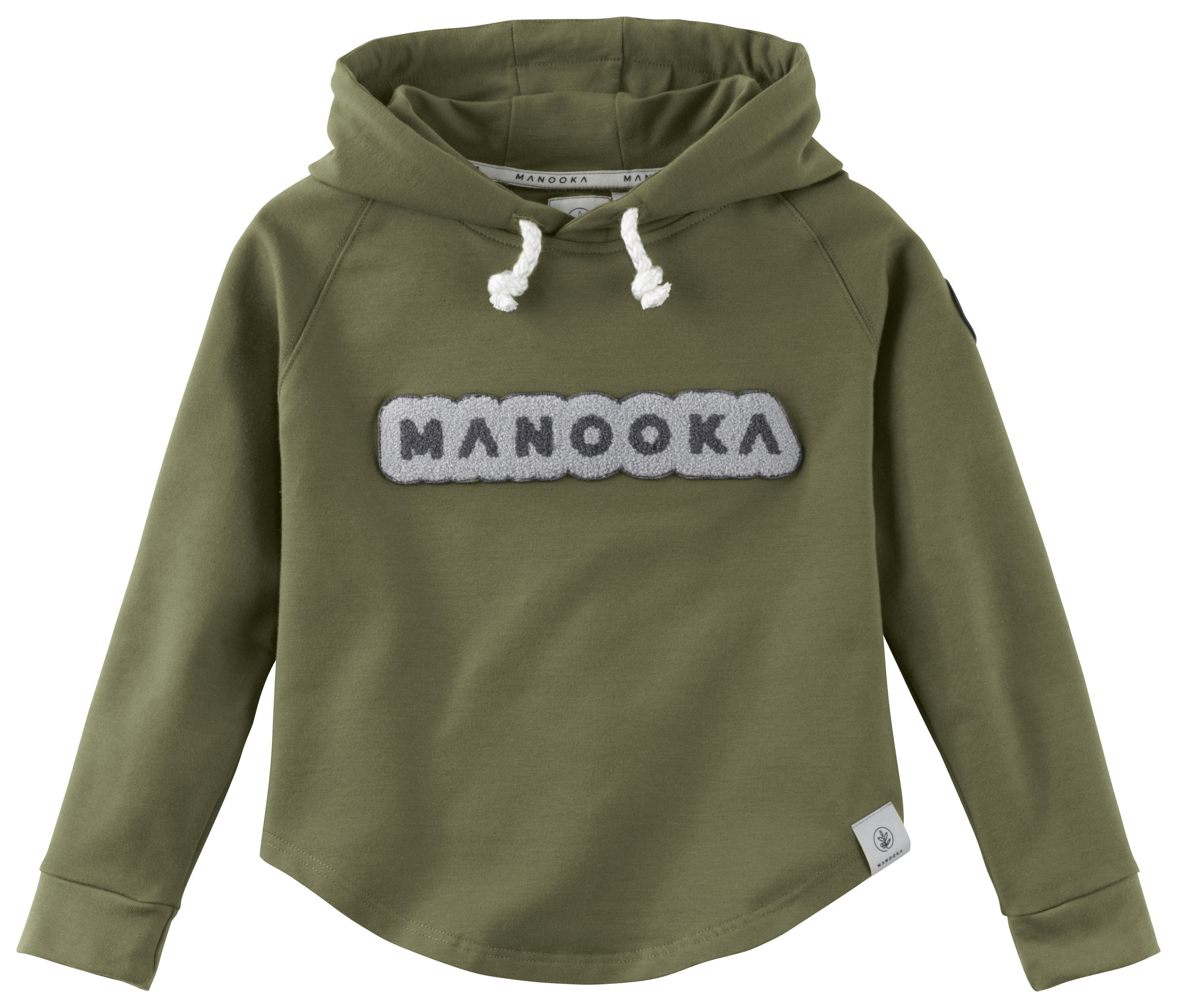 Ein grüner Everyday Darling-Hoodie mit Manooka-Schriftzug und Kapuze