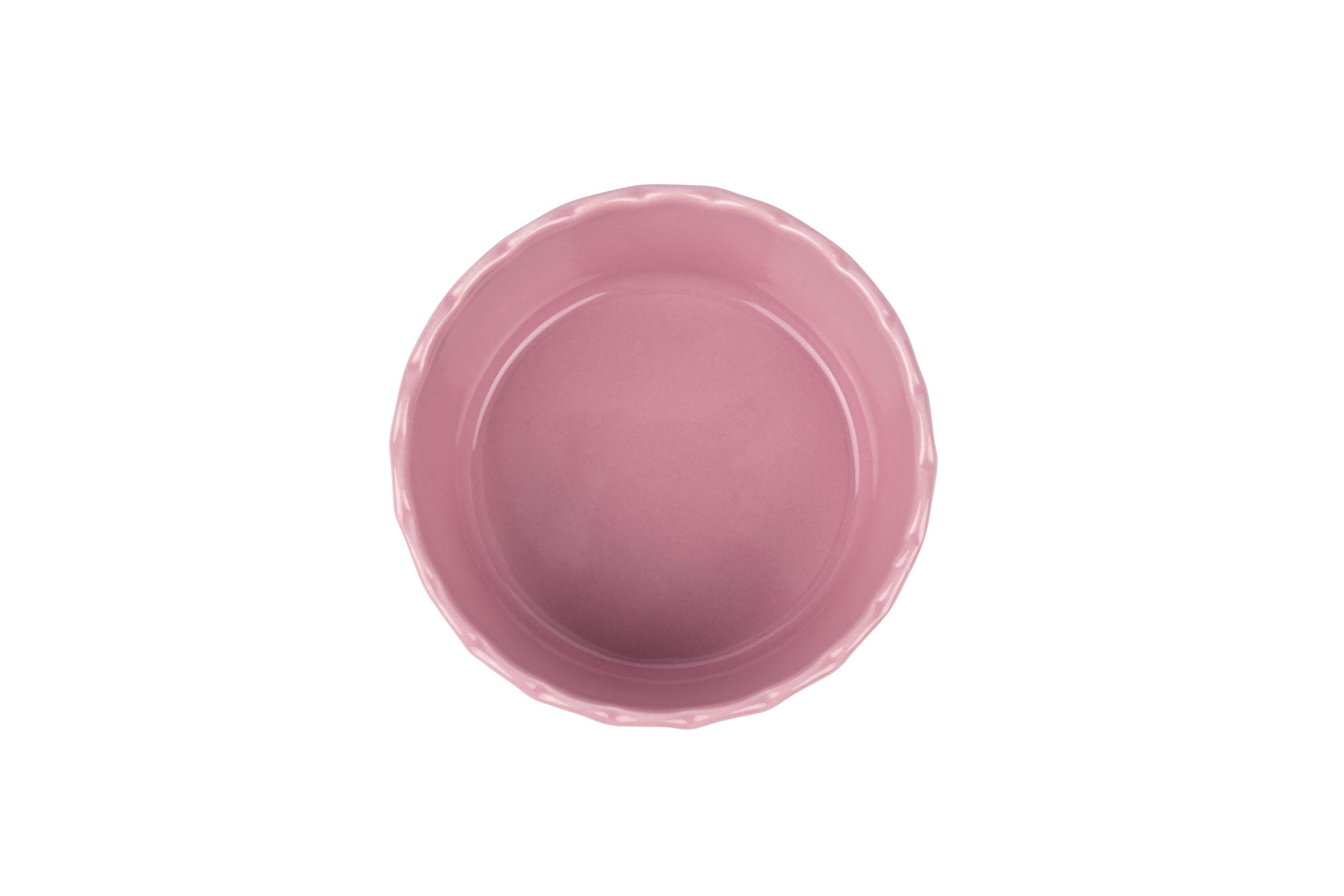 Blick von oben auf die kleine, runde, rosa Stoneware-Ofenform