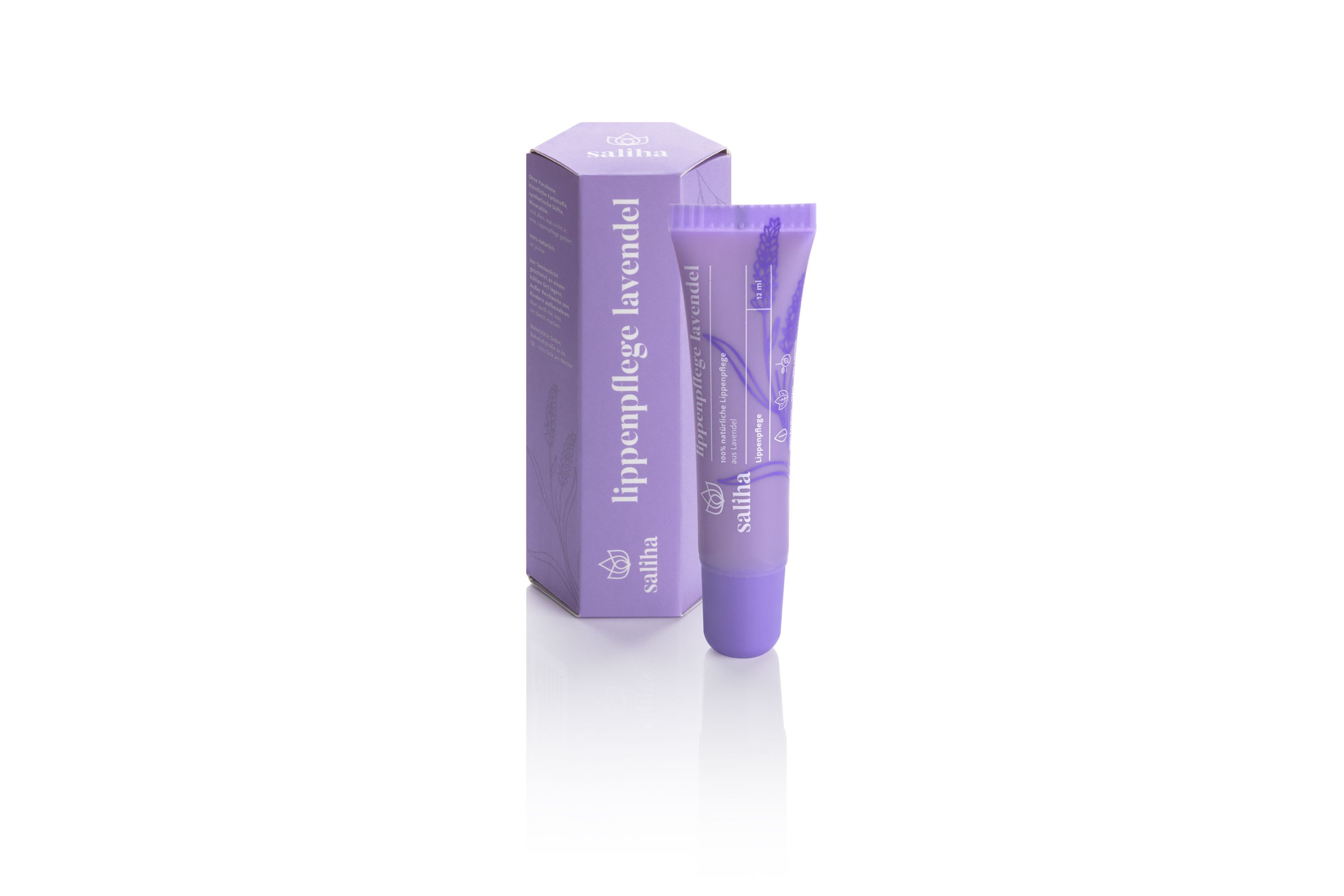 Die Tube und die Verpackung der Lavendel-Lippenpflege