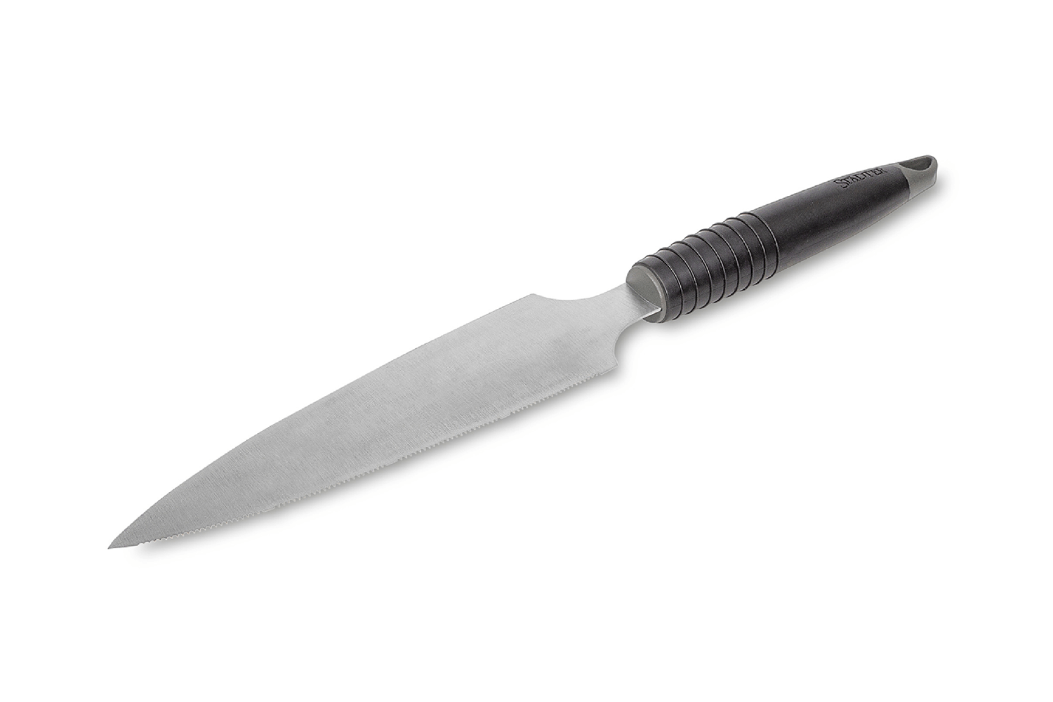 Ein Tortenmesser mit silberner Klinge und schwarzem Griff