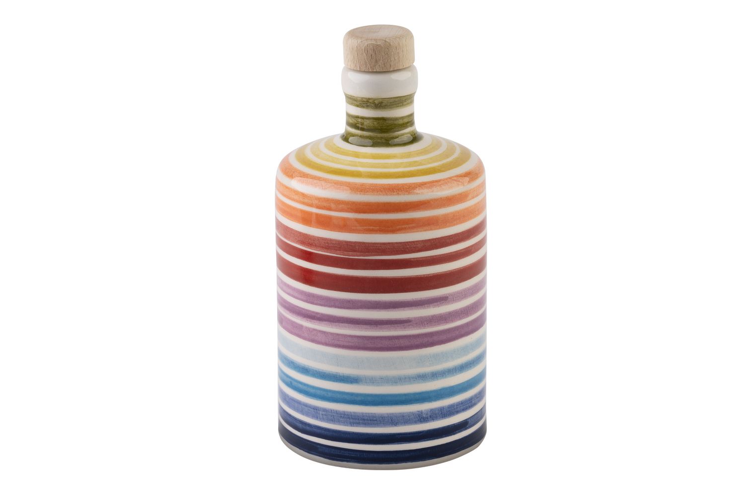 Eine runde Olivenölflasche mit Regenbogenfarben