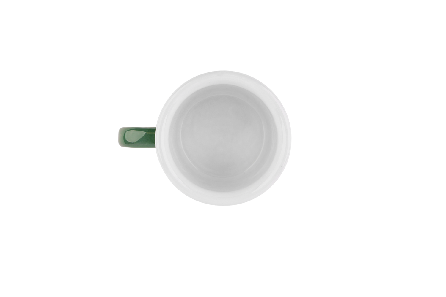 Blick ins weiße Innere der olivgrünen Emaille-Tasse