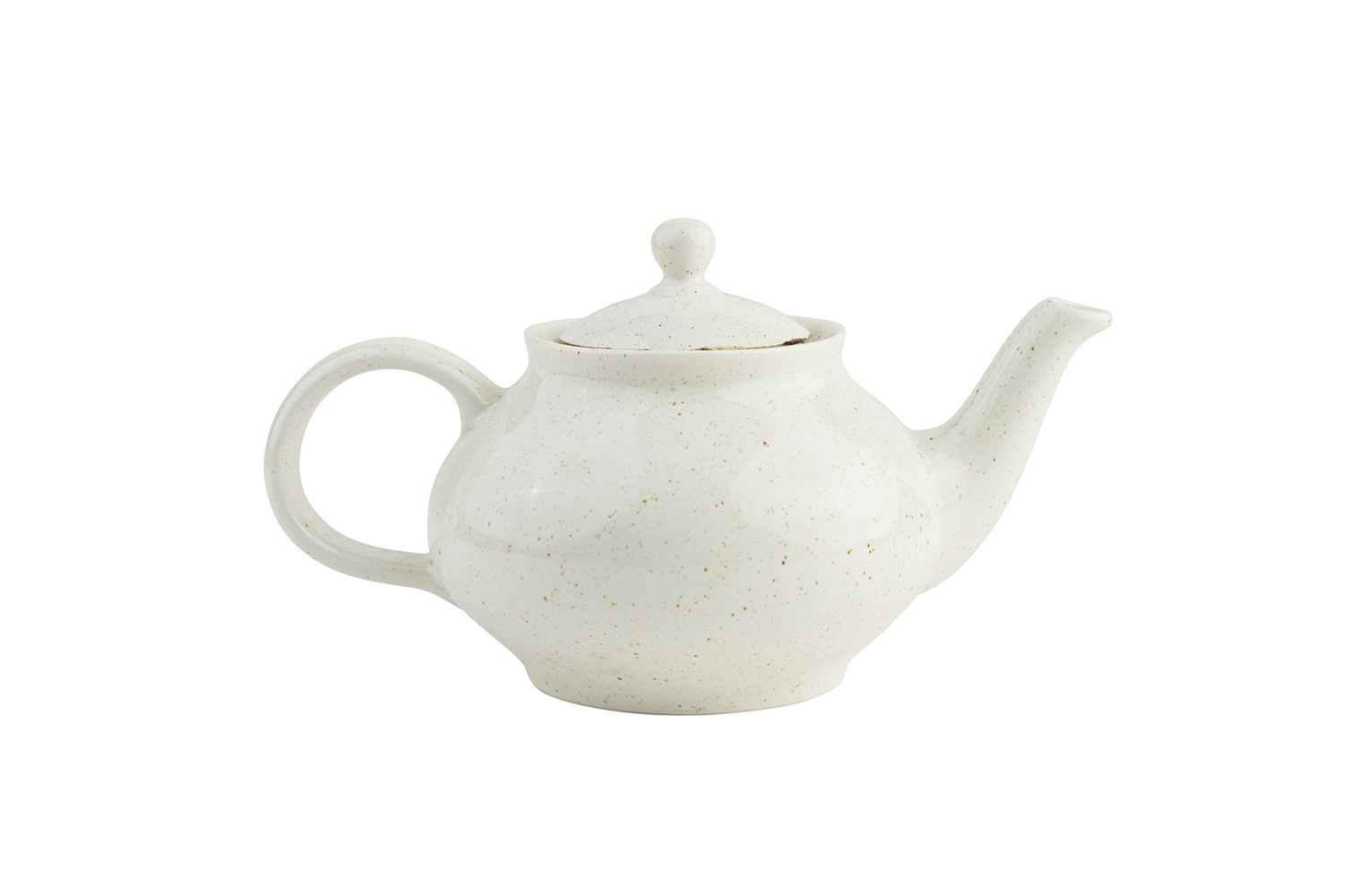 Eine weiß-gesprenkelte Teekanne