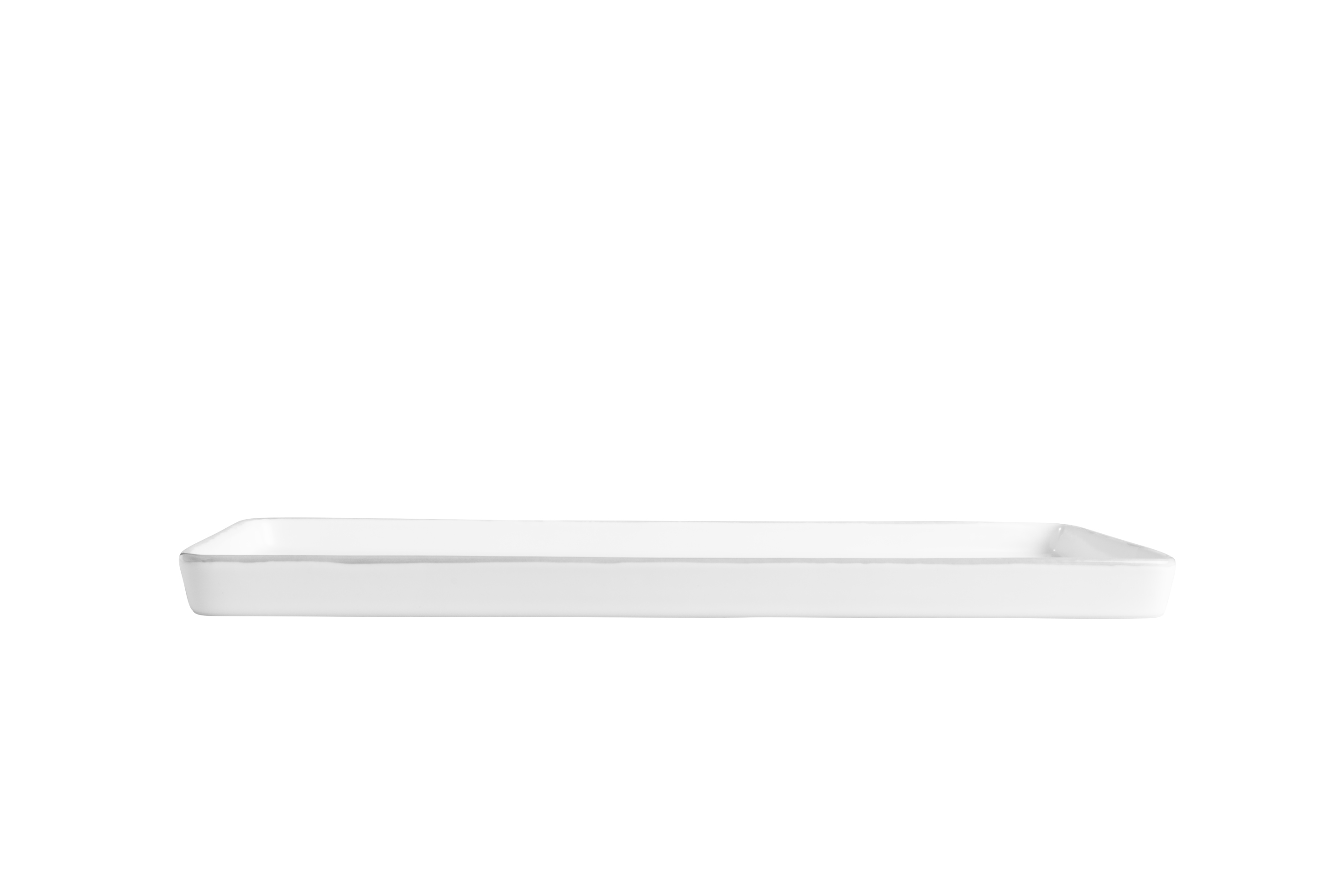 Eine weiße, längliche Servierplatte