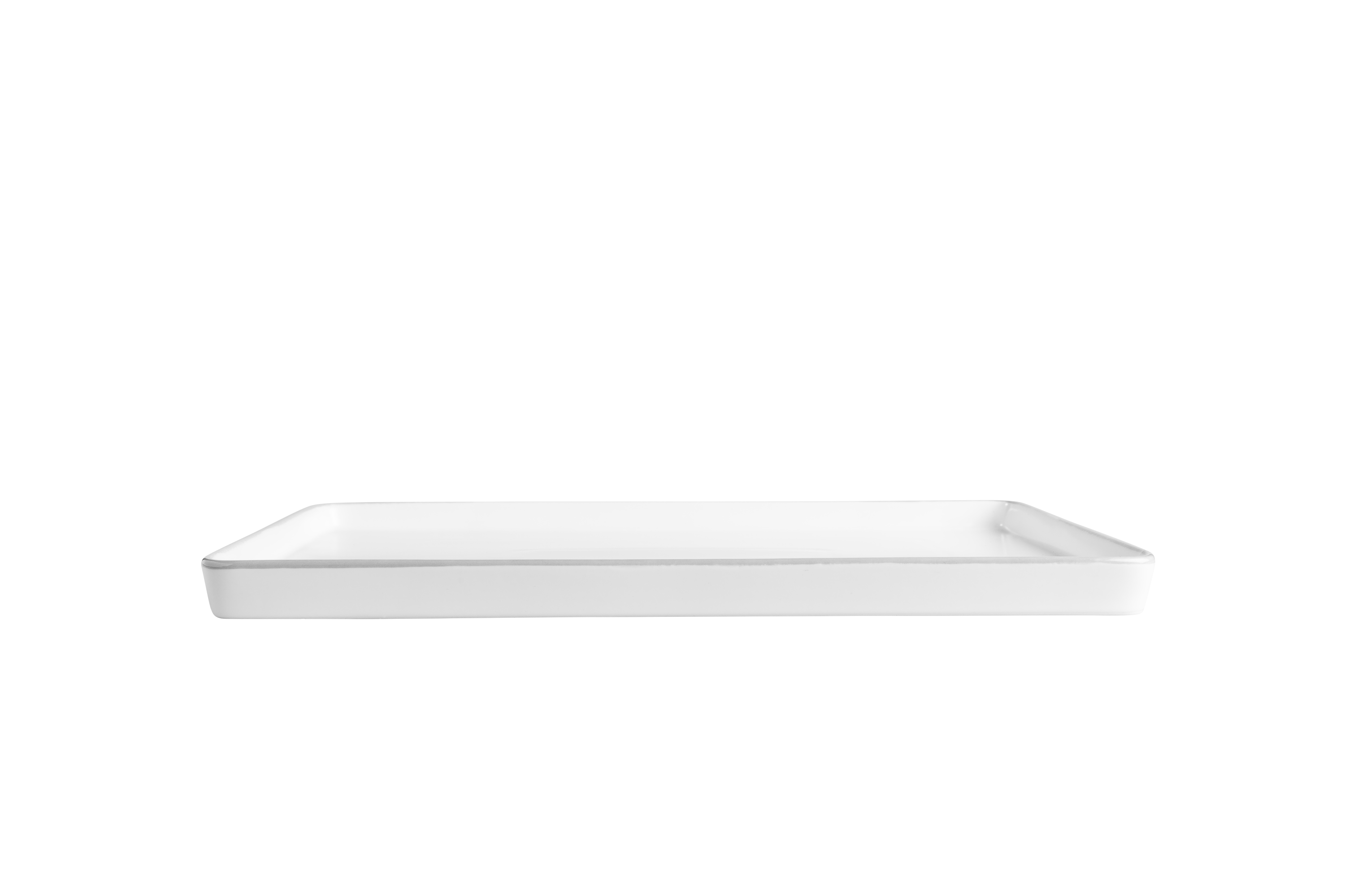 Eine weiße, rechteckige Servierplatte