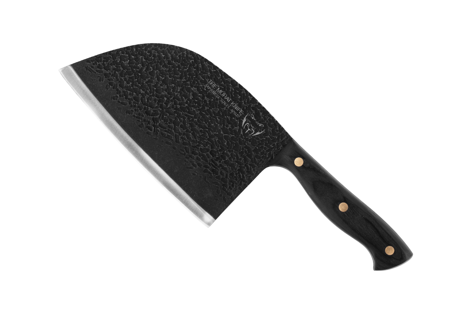 Ein schwarzes Messer mit breiter Klinge und schwarzem Griff