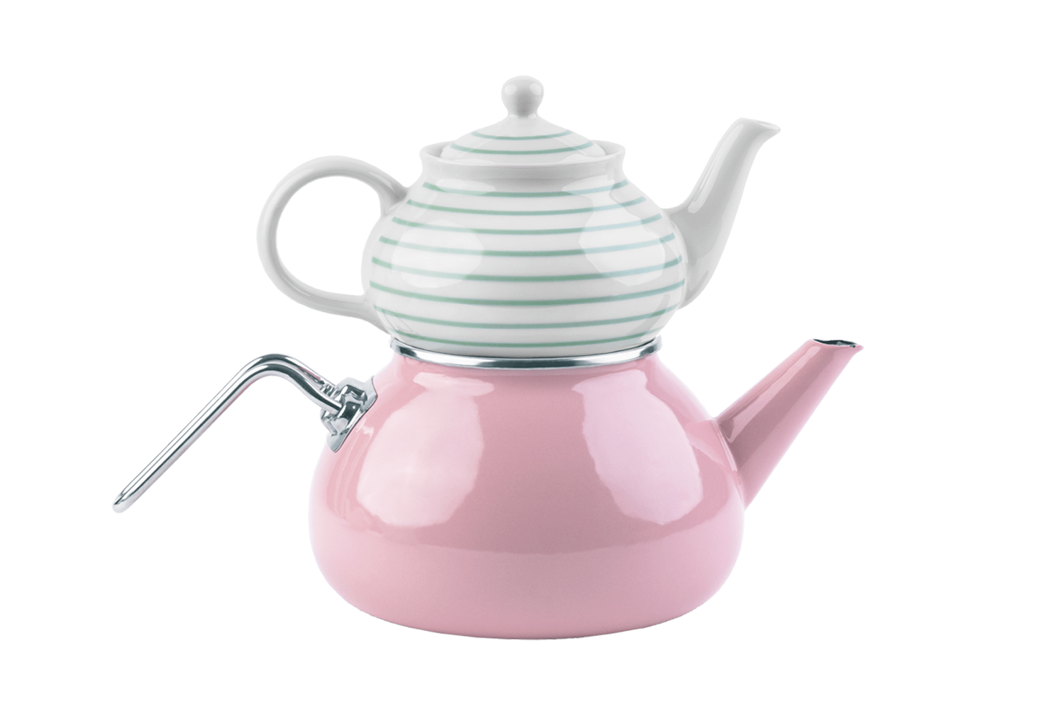 Eine rosa und eine mintfarben-gestreifte Teekanne