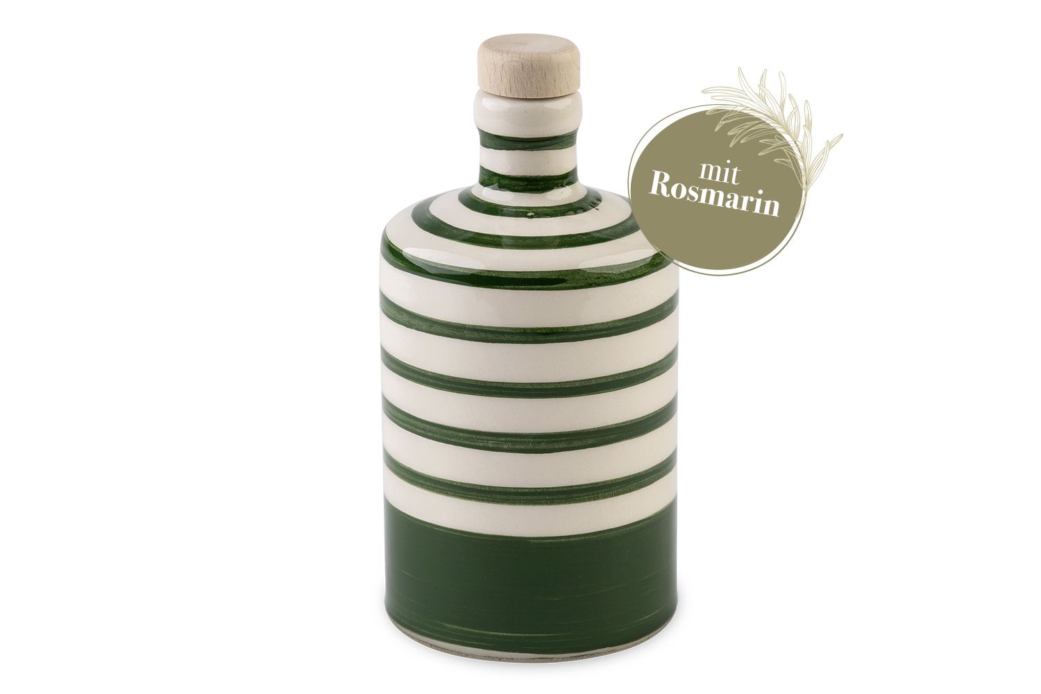 Eine runde, grün-gestreifte Flasche mit Rosmarin-Olivenöl