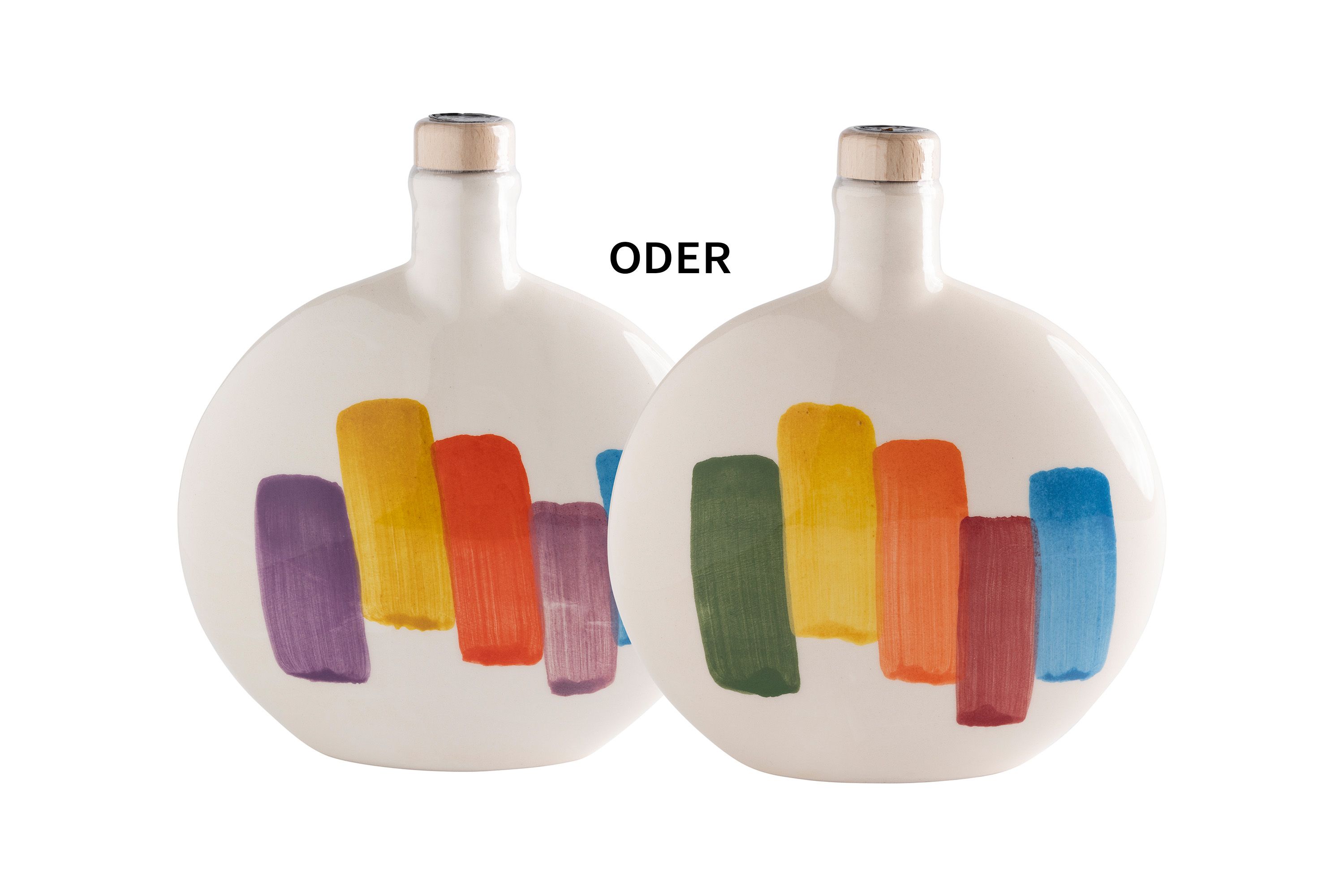 Zwei flache Olivenölflaschen im Design Modern Art